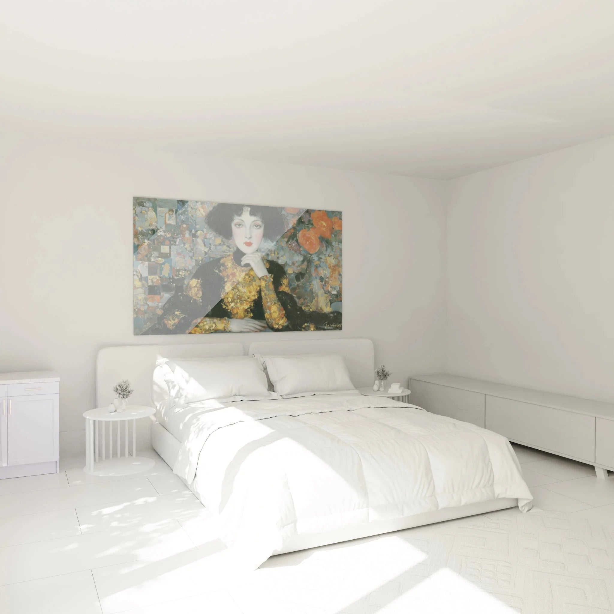 Wandbild Symbolismus Frauenporträt in modernem Schlafzimmer Ambiente mit warmer Beleuchtung