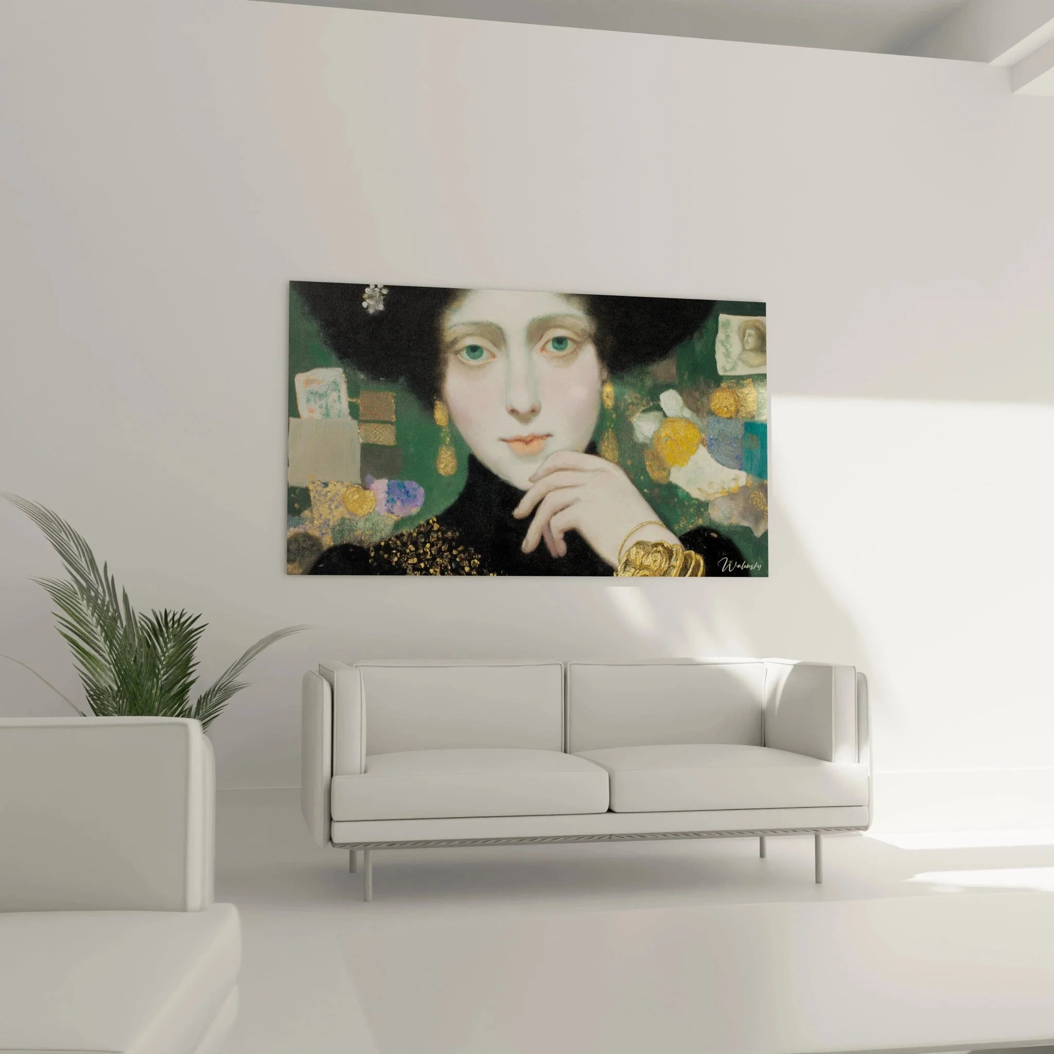 Detailaufnahme symbolistisches Frauenporträt, grüne Augen, goldene Akzente, Premium Leinwandkunst