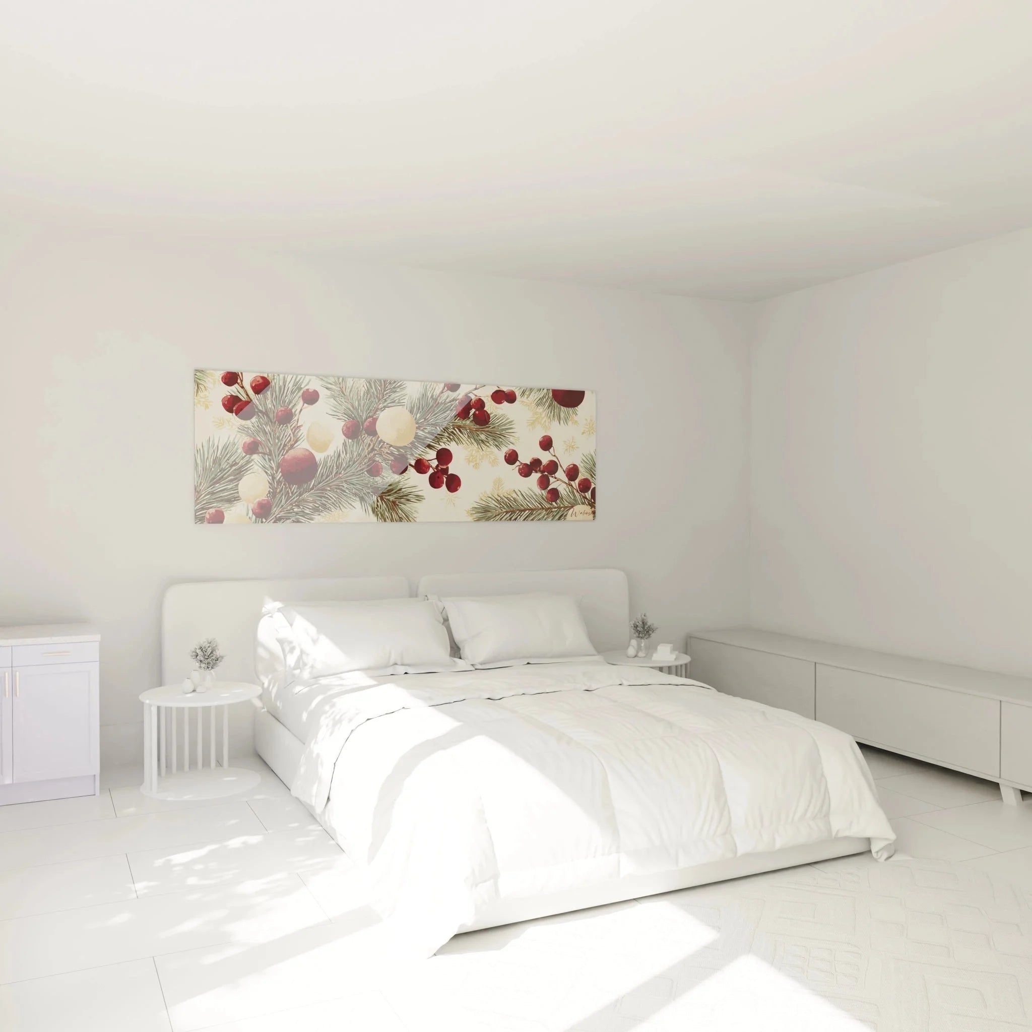 Tannenzweige Wandbild mit roten Beeren als Schlafzimmer Dekoration - weihnachtliche Wandkunst im Panoramaformat