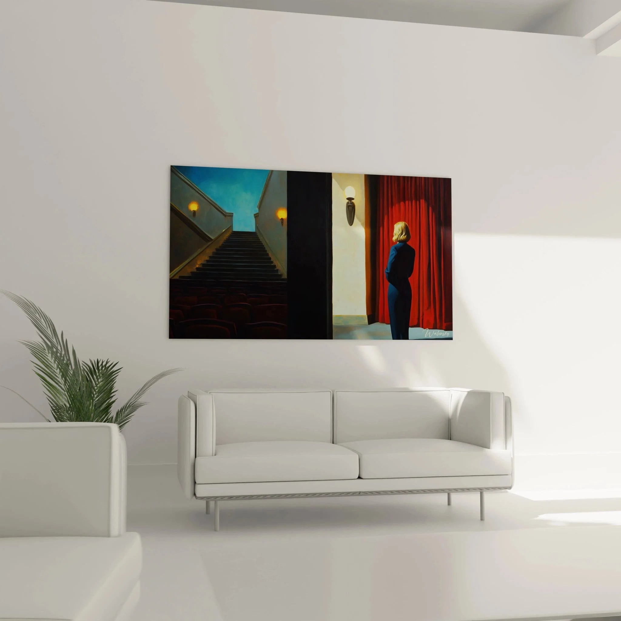 Detailansicht Wandbild Theater Foyer Edward Hopper mit rotem Vorhang und dramatischer Beleuchtung