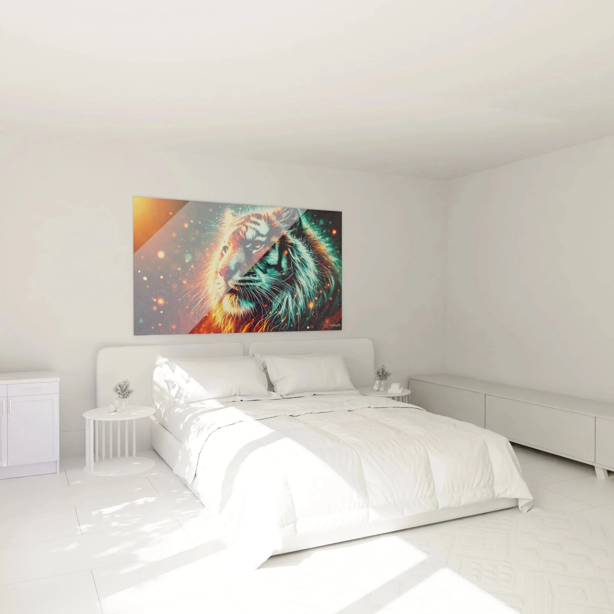 Tiger Fantasy Wandbild XXL in modernem Schlafzimmer mit mystischen Lichteffekten als Wanddekoration