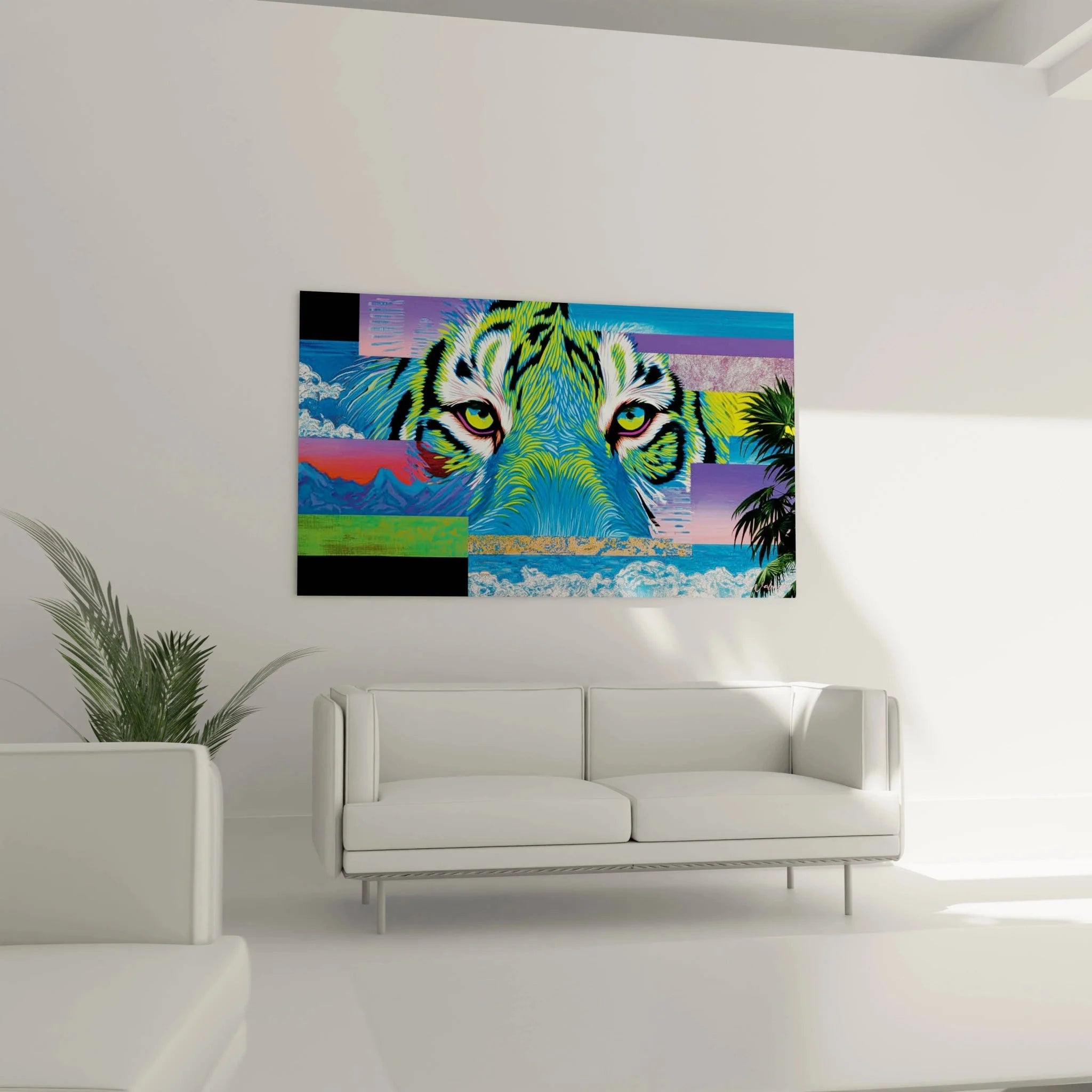 Detailansicht Tiger Wandbild Op Art mit hypnotisierenden Augen und geometrischen Mustern