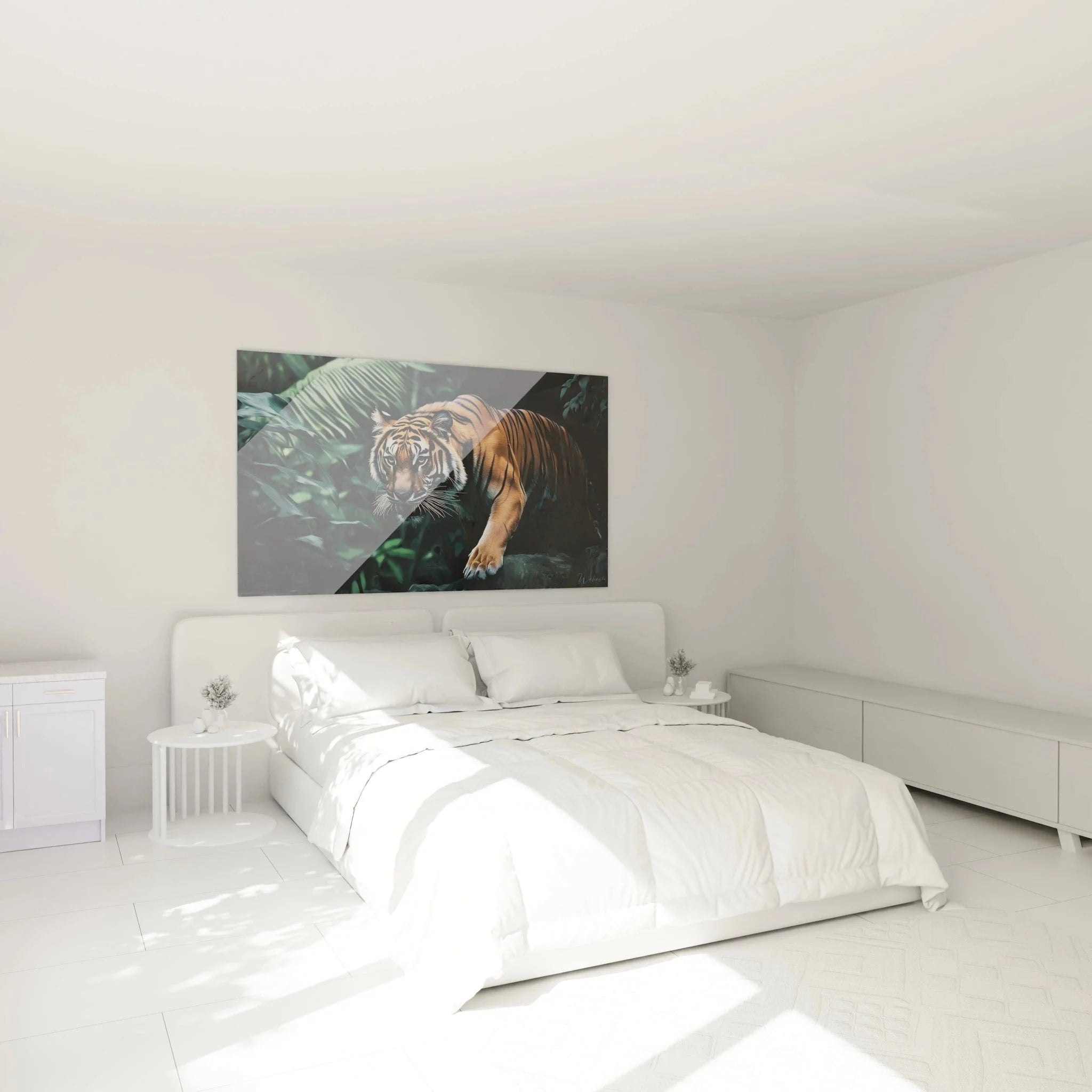 Tiger Wandbild im Schlafzimmer - Elegante Wanddekoration mit Dschungel Tiger als Raumgestaltung