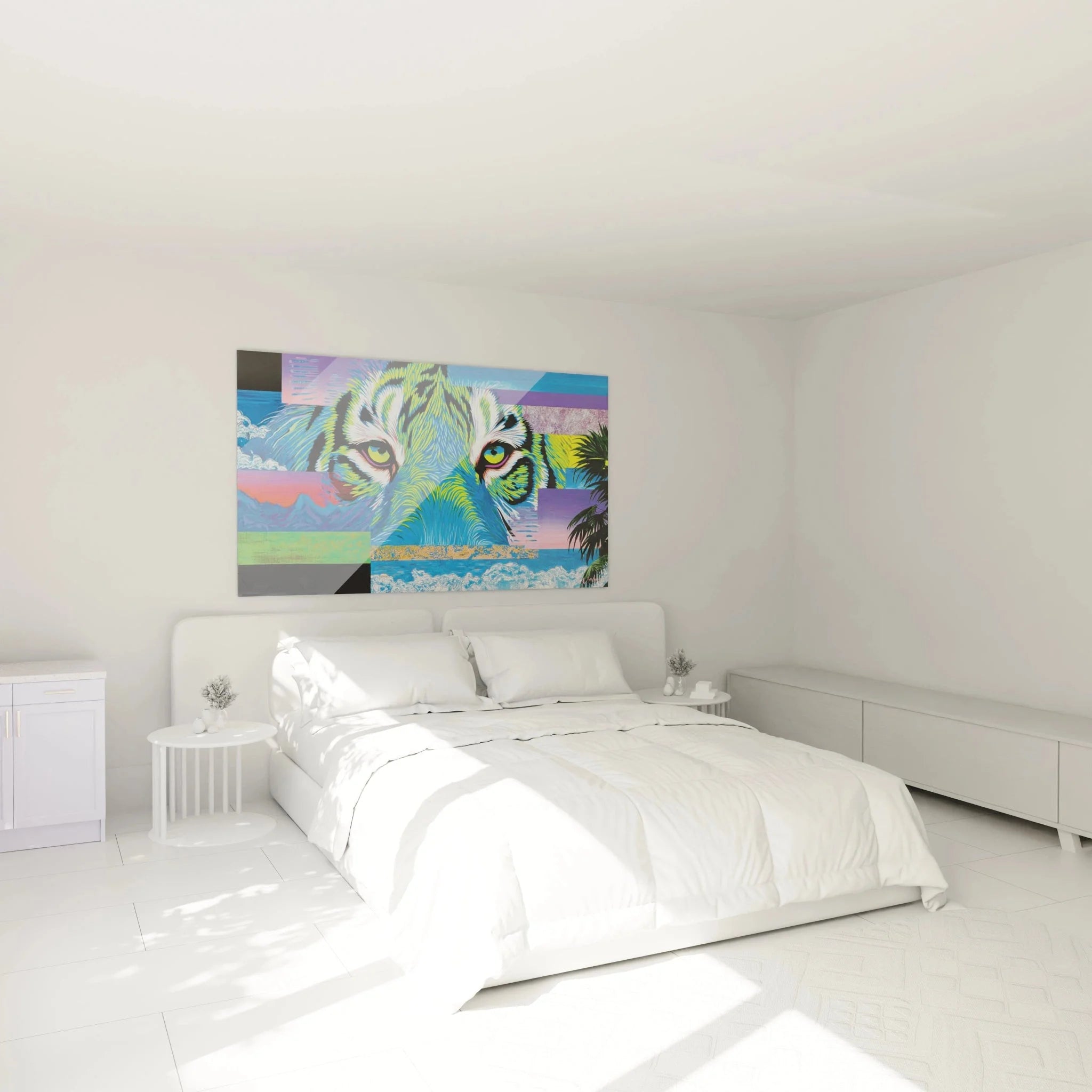 Tiger Op Art Wandbild als Schlafzimmer Dekoration mit intensiven Grün- und Blautönen