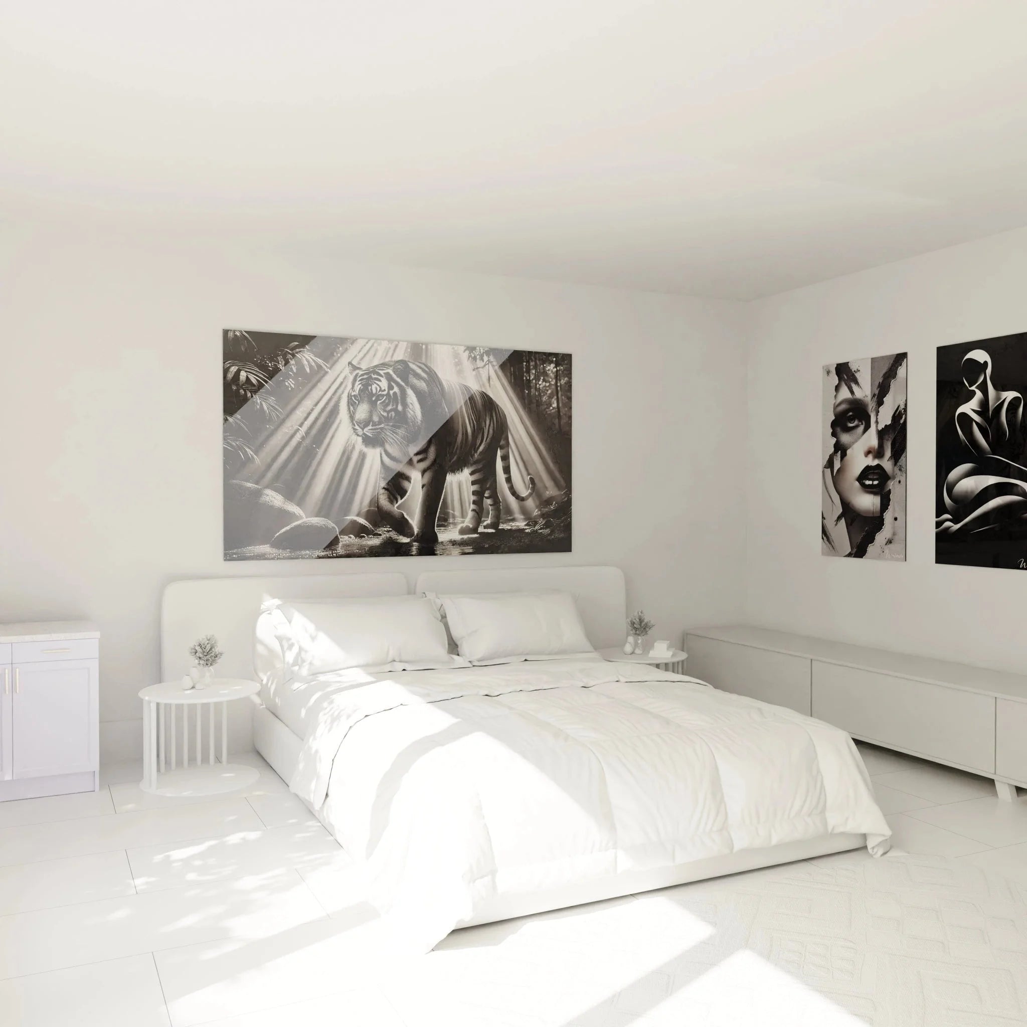 Tiger Wandbild schwarz-weiß in modernem Schlafzimmer - Elegante Wildtier Wanddekoration über dem Bett