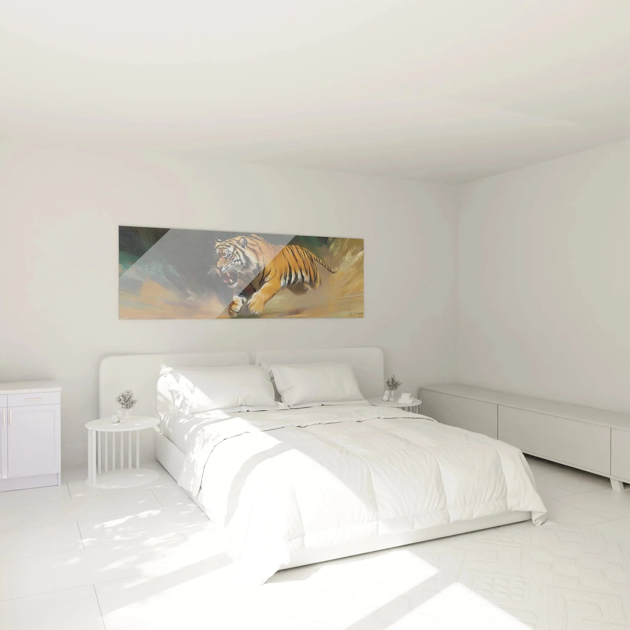 Tiger Wandbild XXL im Schlafzimmer als kraftvolle Wanddekoration über dem Bett