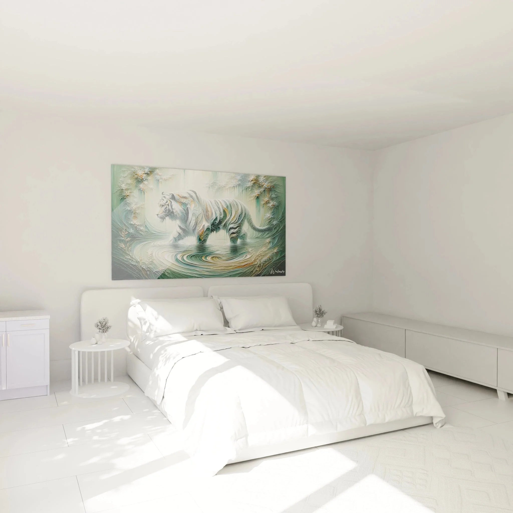 Tiger Wandbild XXL im Schlafzimmer - Mystischer weißer Tiger in beruhigender Wasserlandschaft