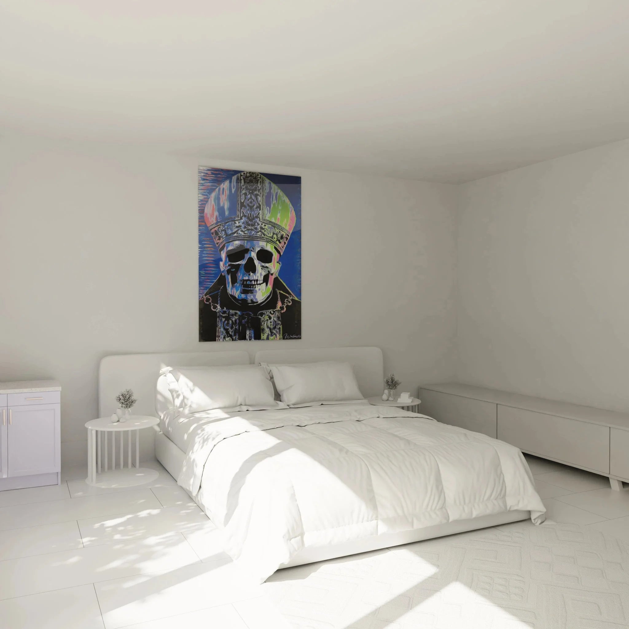 Psychedelisches Totenkopf Papst Wandbild als Dekoration im modernen Schlafzimmer Ambiente