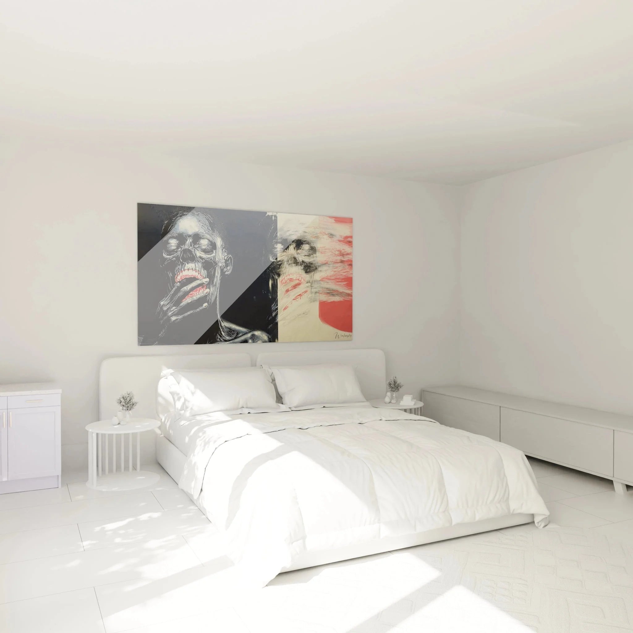 Totenkopf Wandbild im Schlafzimmer - Vanitas Kunstwerk als stimmungsvolle Wanddekoration in Wohnambiente