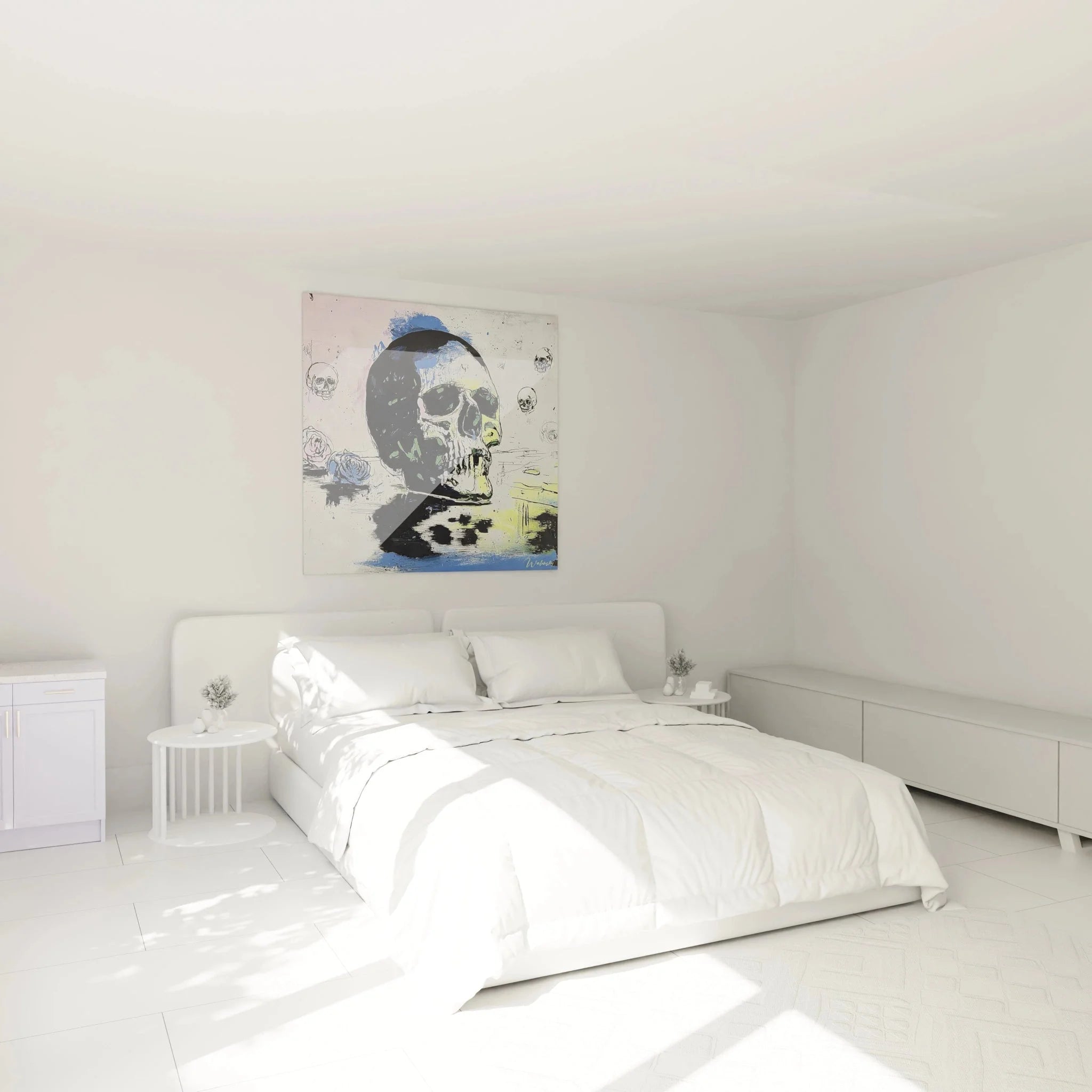 Totenkopf Wandbild XXL im Schlafzimmer - Moderne Vanitas Wanddekoration als stilvoller Raumakzent