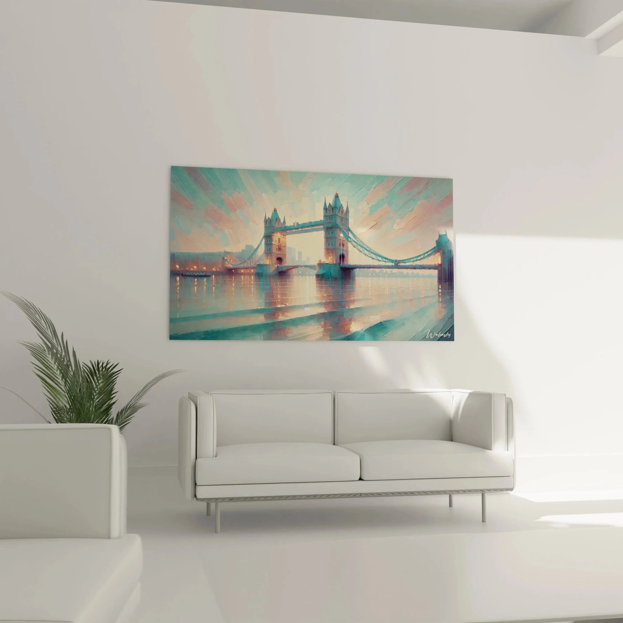 Detailansicht Tower Bridge Wandbild mit impressionistischen Pinselstrichen und Farbpalette