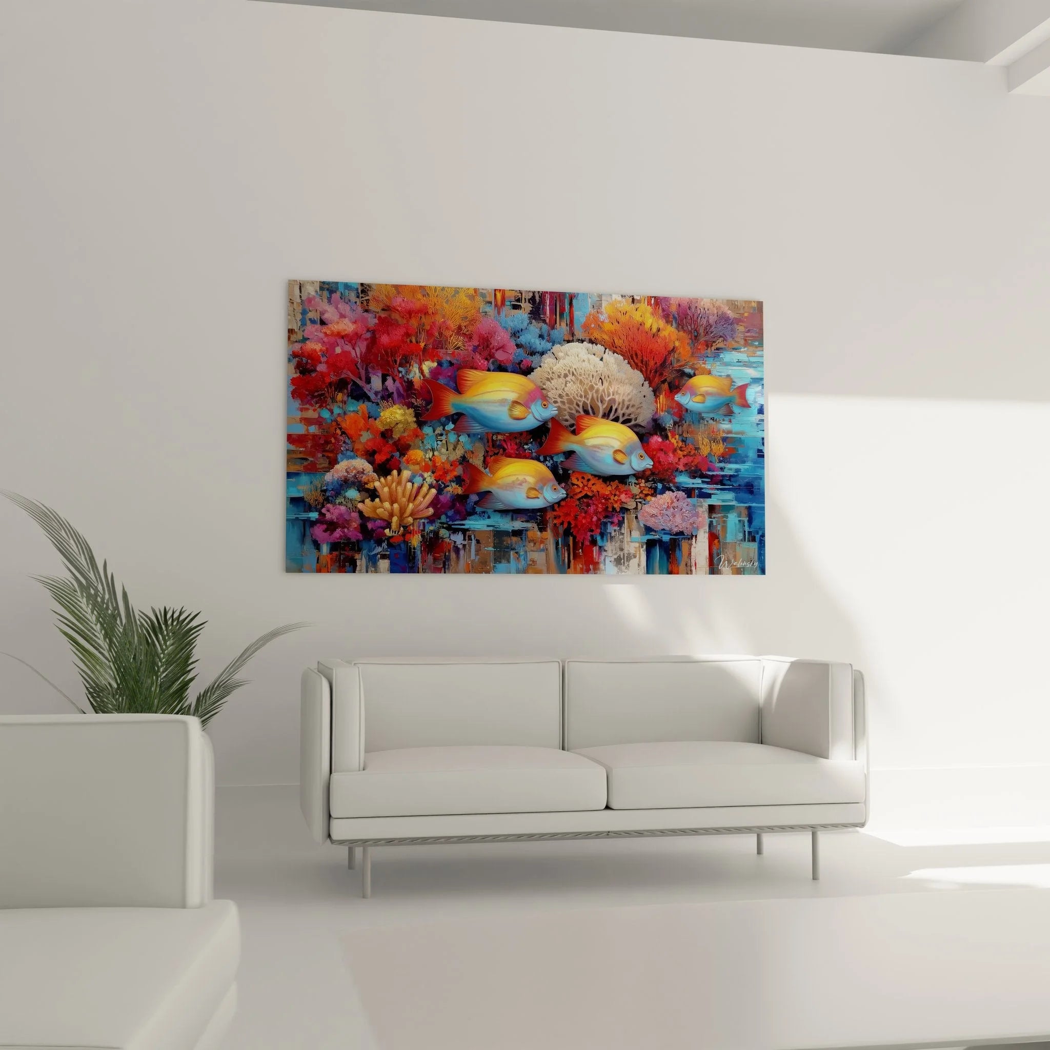 Detailansicht tropische Fische Wandkunst mit leuchtenden Korallen und Meerestieren