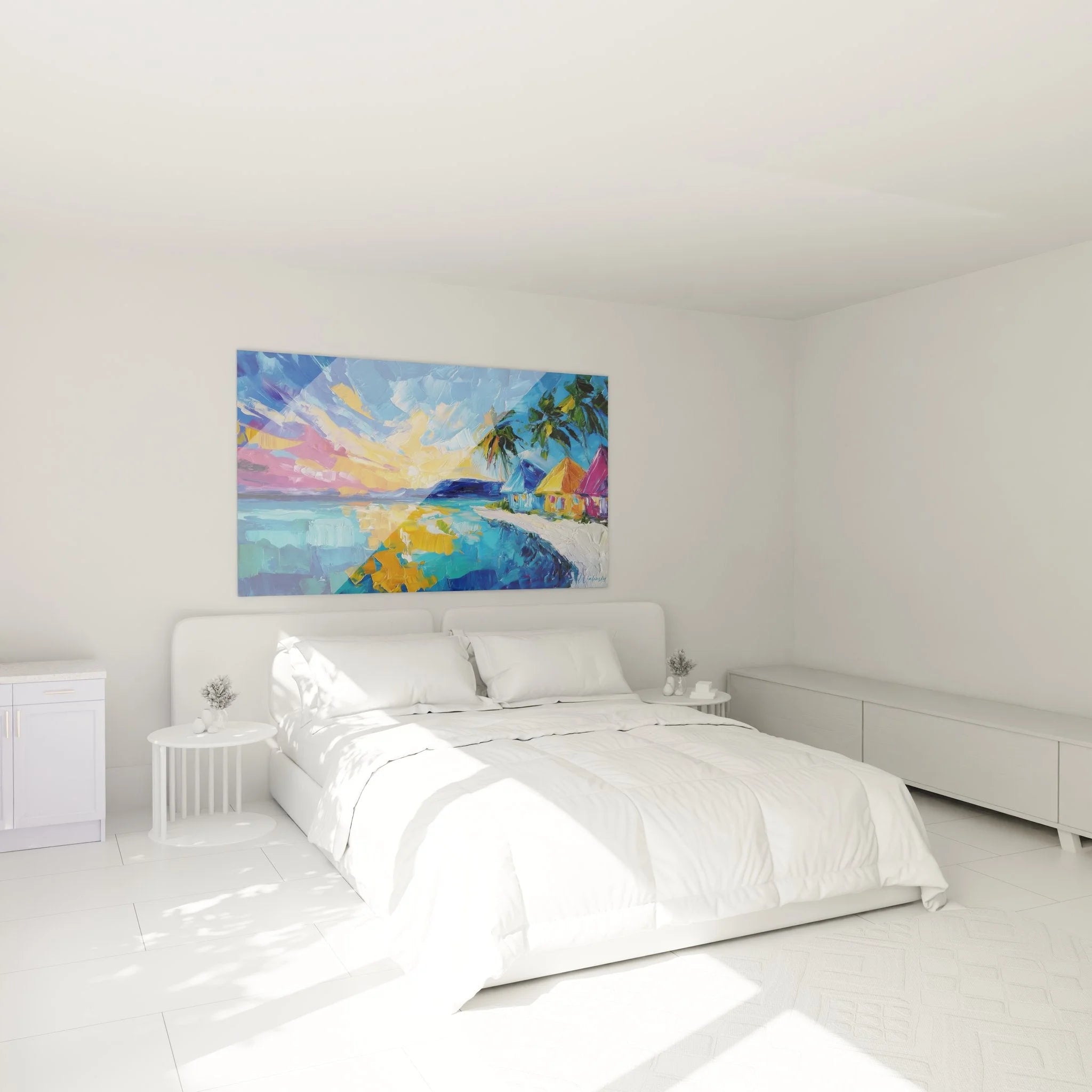 Tropisches Insel Wandbild in modernem Schlafzimmer, karibische Dekoration über dem Bett