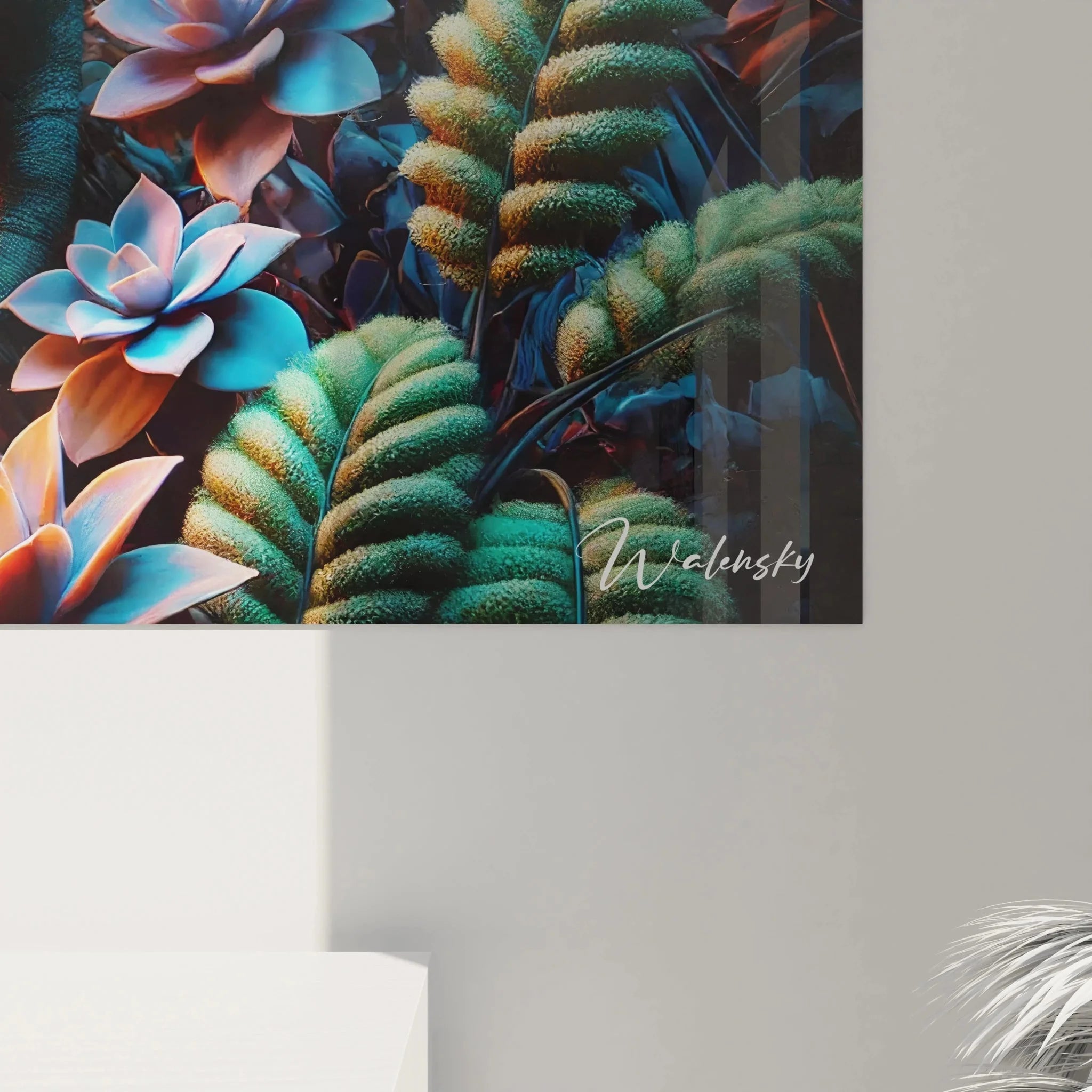 Gesamtansicht tropisches Chamäleon Wandbild mit üppiger Dschungel Vegetation und Farnen