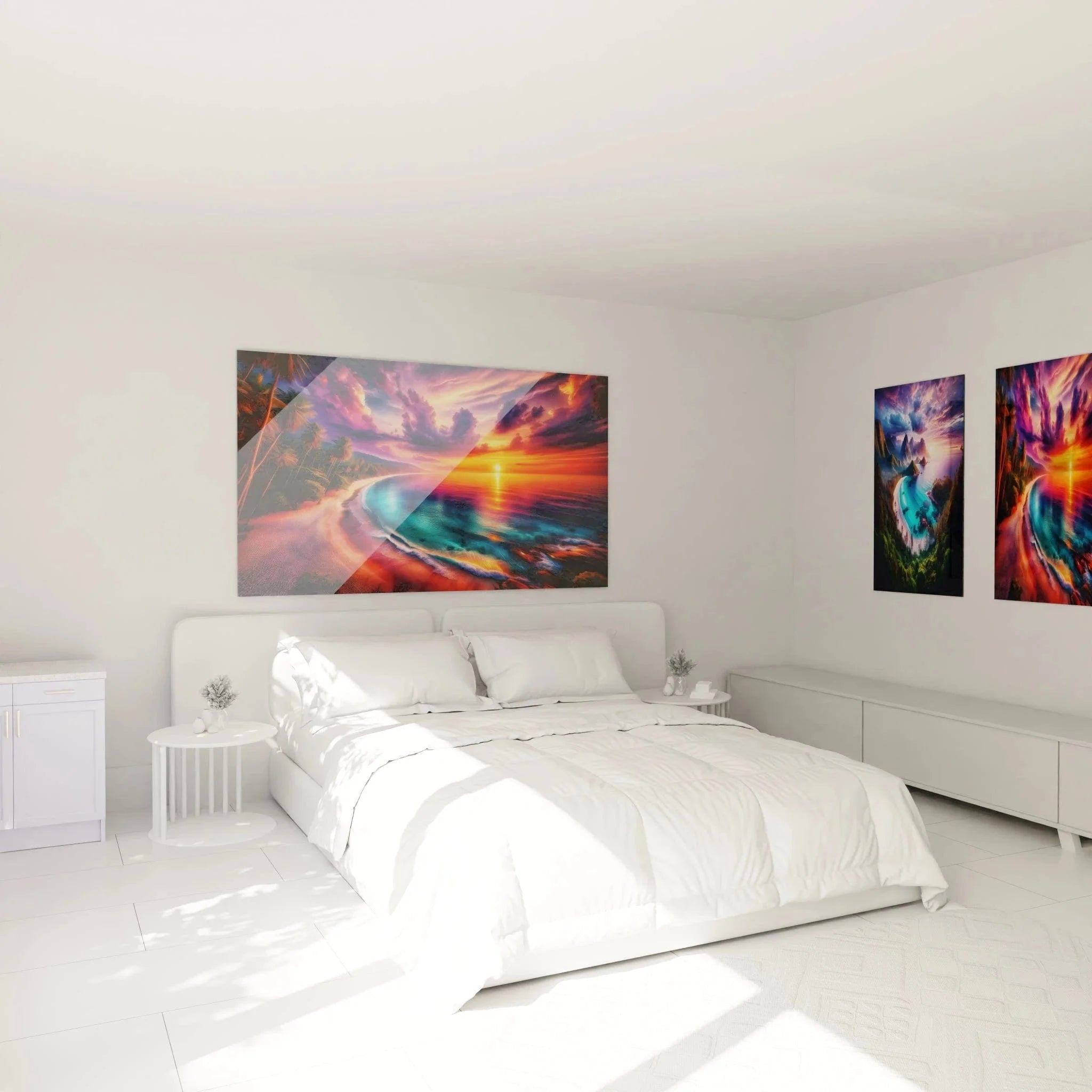 Tropisches Strandwandbild im Schlafzimmer mit warmem Sonnenuntergang und Palmen