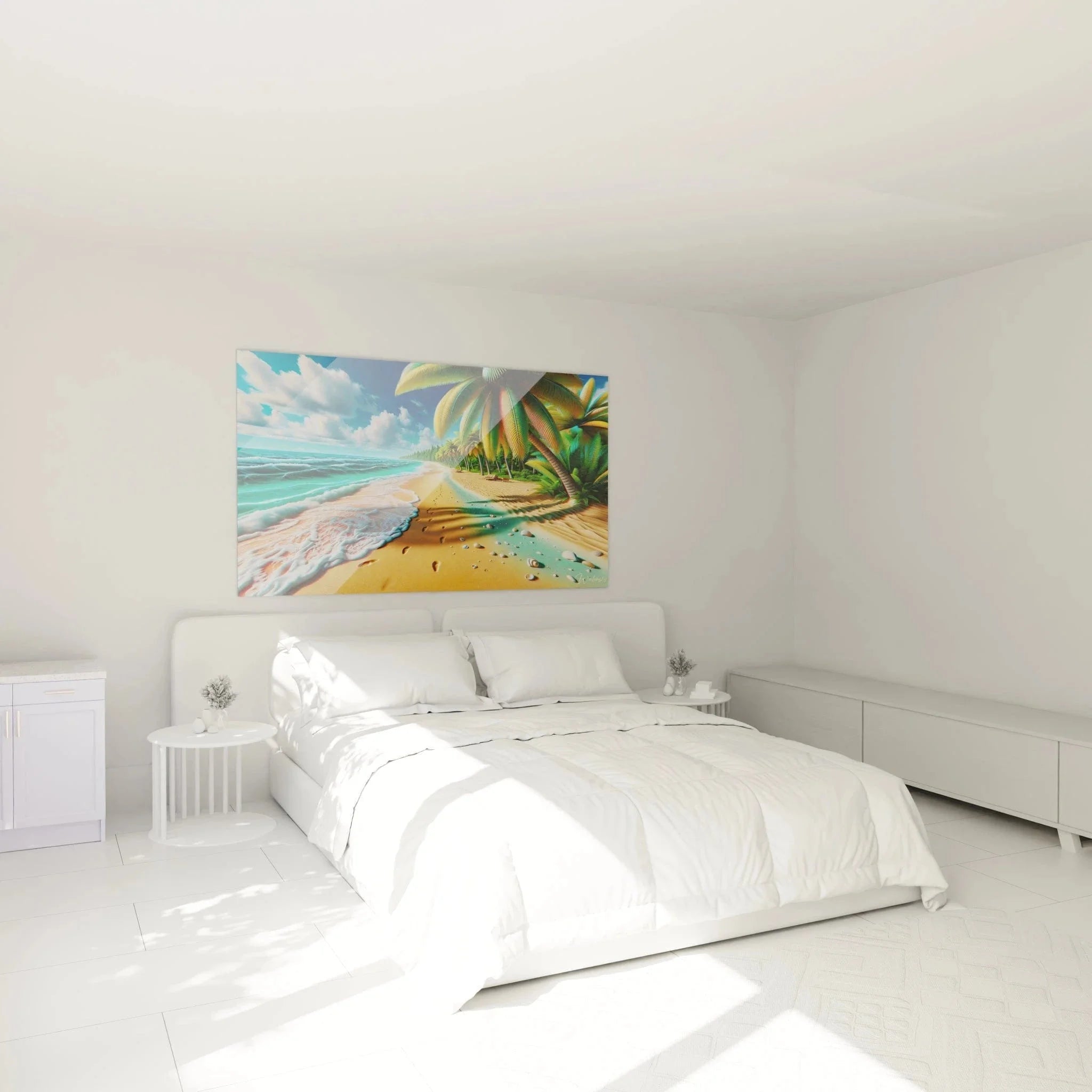 Tropisches Strandwandbild im Schlafzimmer - Palmen und Meer Wanddeko XXL