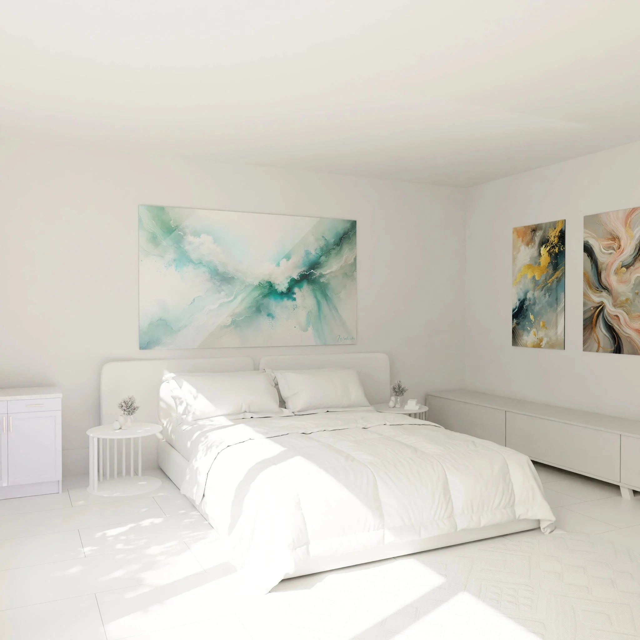 Türkis Aquarell Wandbild im Schlafzimmer - beruhigende abstrakte Wandkunst für entspannte Atmosphäre