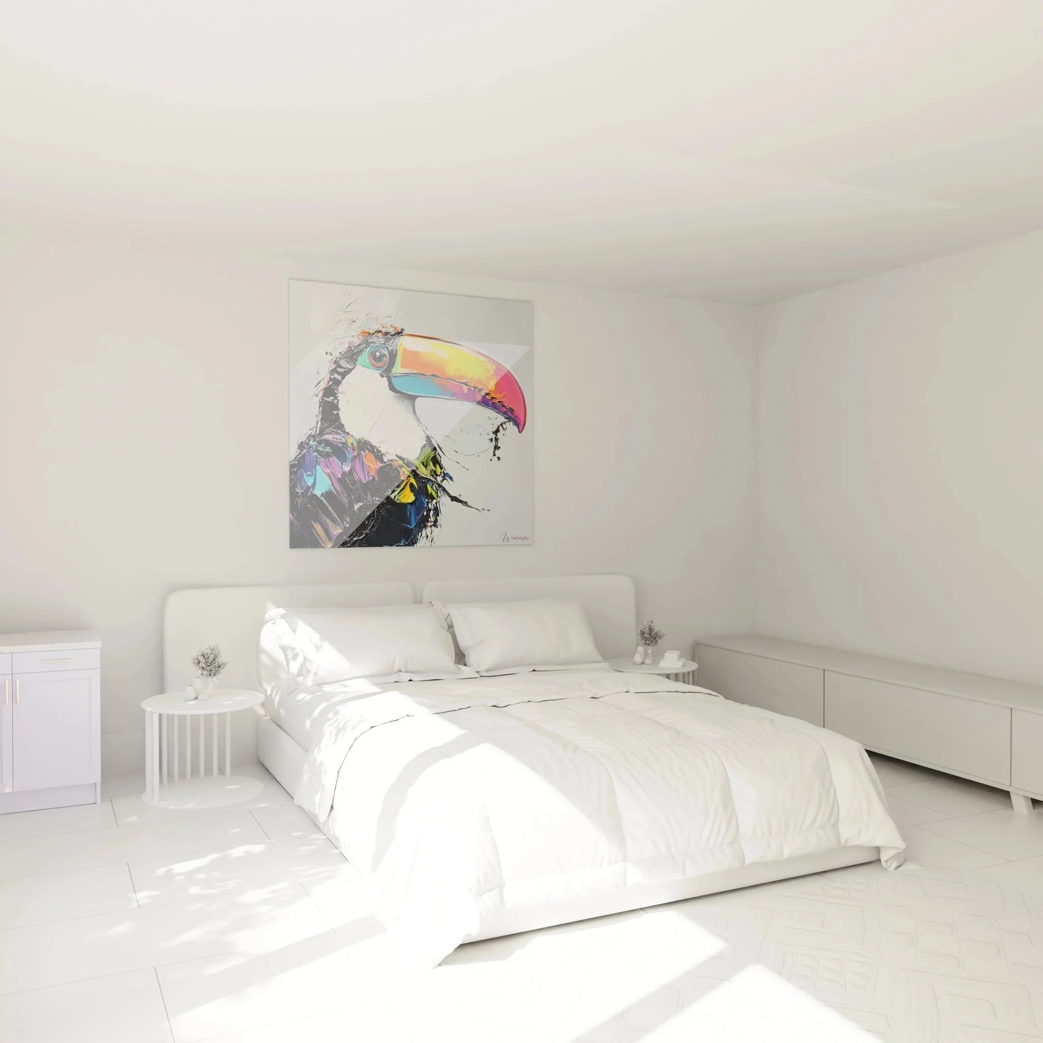 Tukan Wandbild XXL in modernem Schlafzimmer als farbenfrohe Wanddekoration