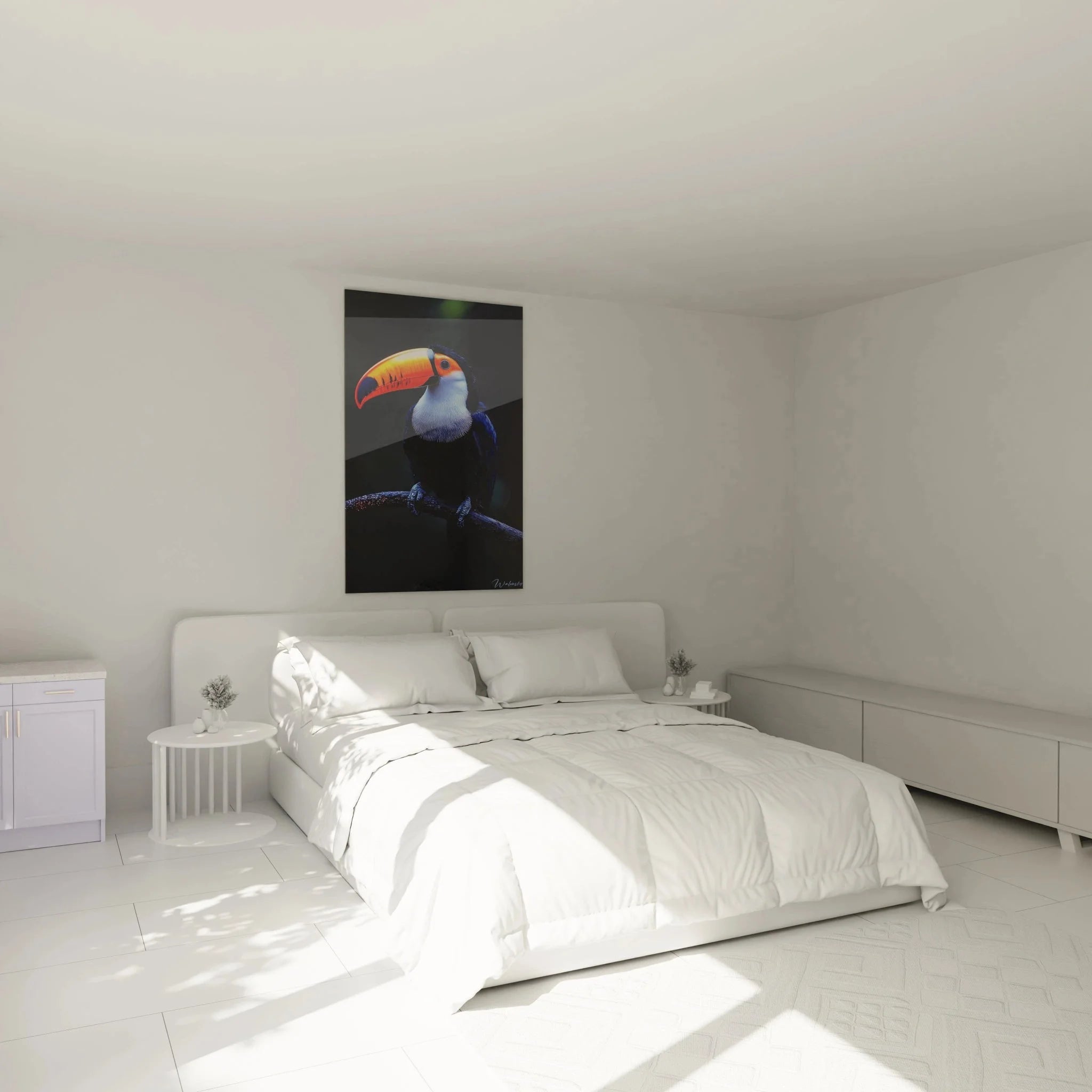 Tukan Wandbild XXL im Schlafzimmer - moderne tropische Wanddeko mit Regenbogenschnabel