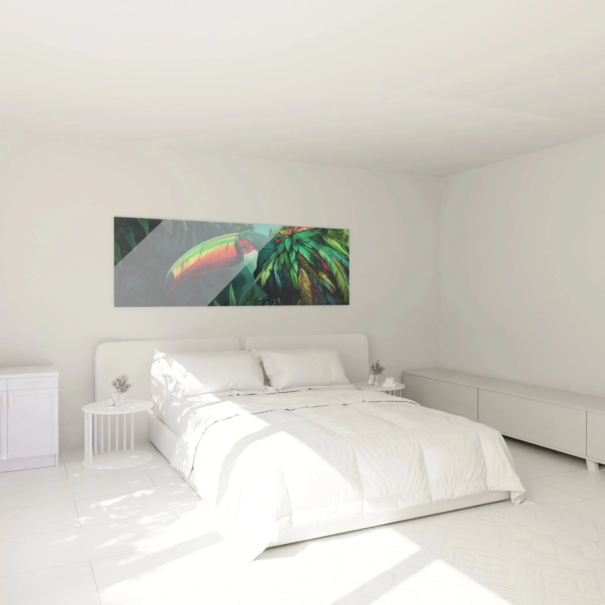 Tukan Wanddekoration im Schlafzimmer - tropisches Wandbild XXL als moderne Raumgestaltung