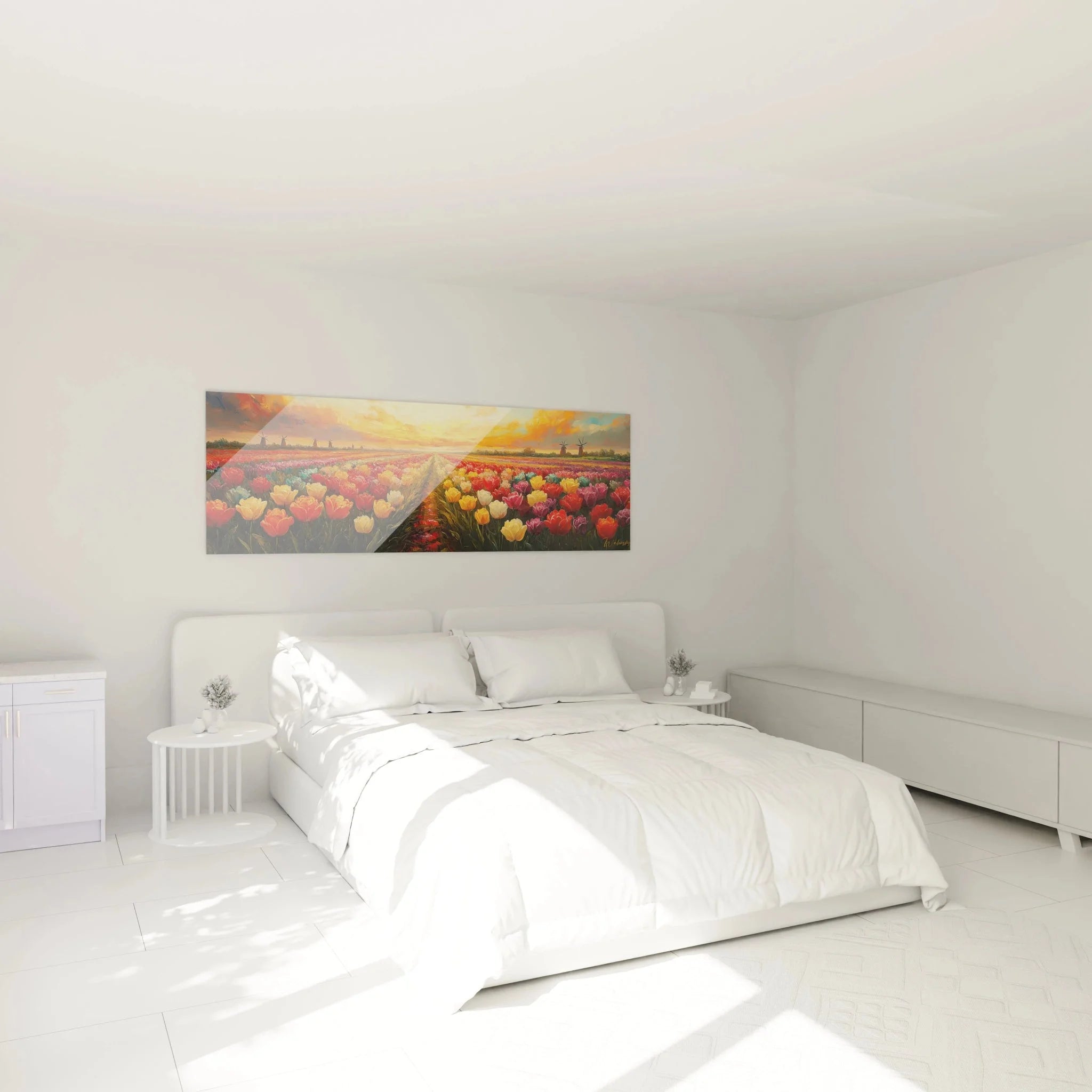 Tulpenfeld Wandbild XXL in modernem Schlafzimmer mit niederländischer Blumenlandschaft
