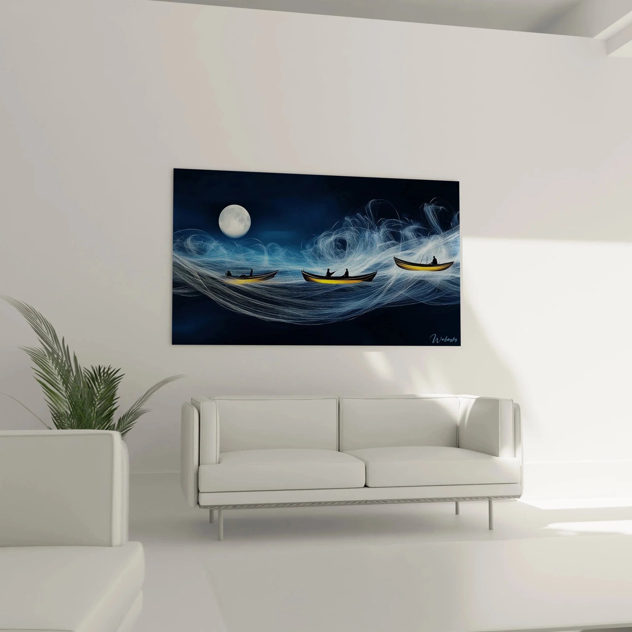 Detailansicht Wandbild Turner Fischerboote mit leuchtenden Energielinien und Mondschein Reflexion