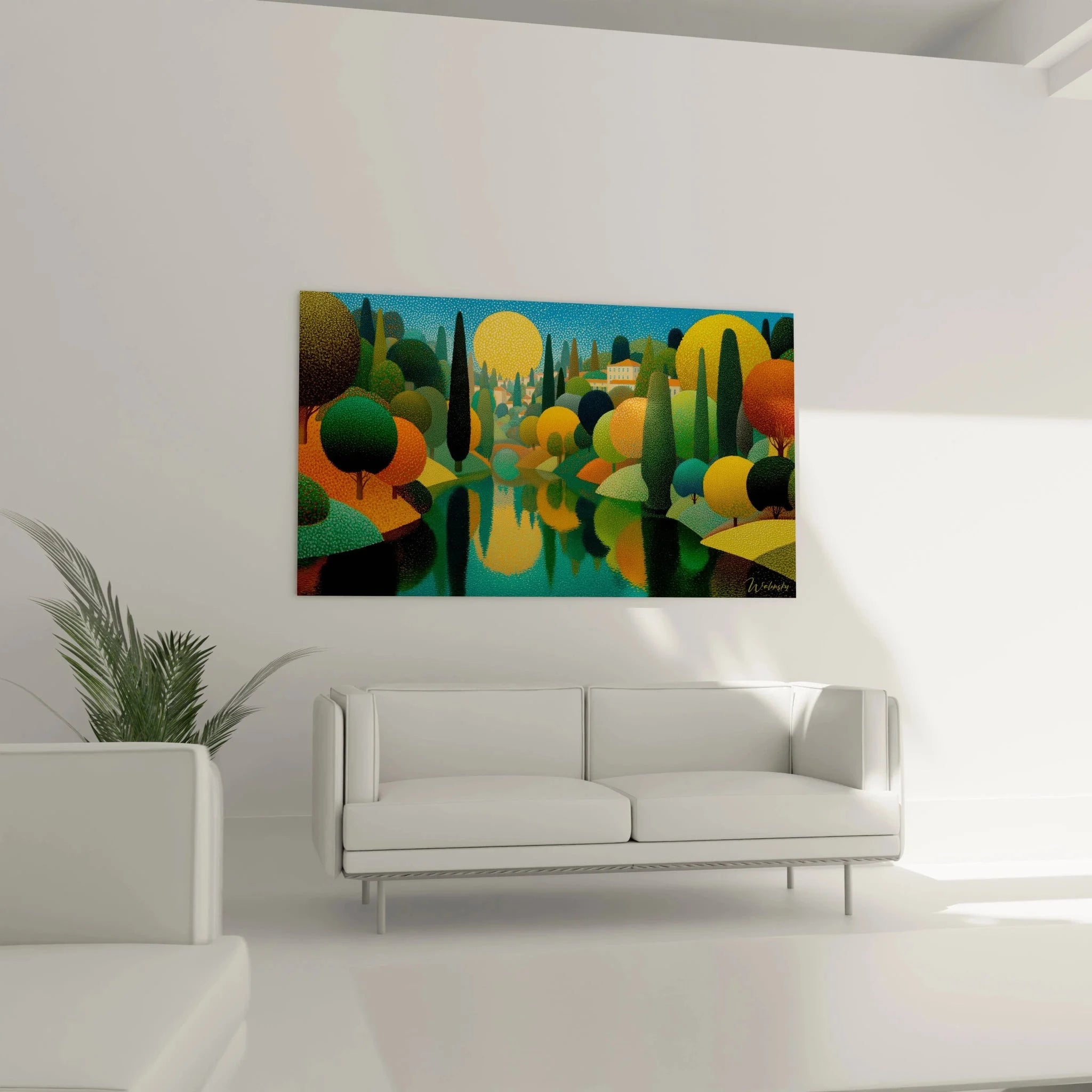 Detailansicht Pointillismus Technik Tuscany Dreams Wandbild mit charakteristischen Farbpunkten