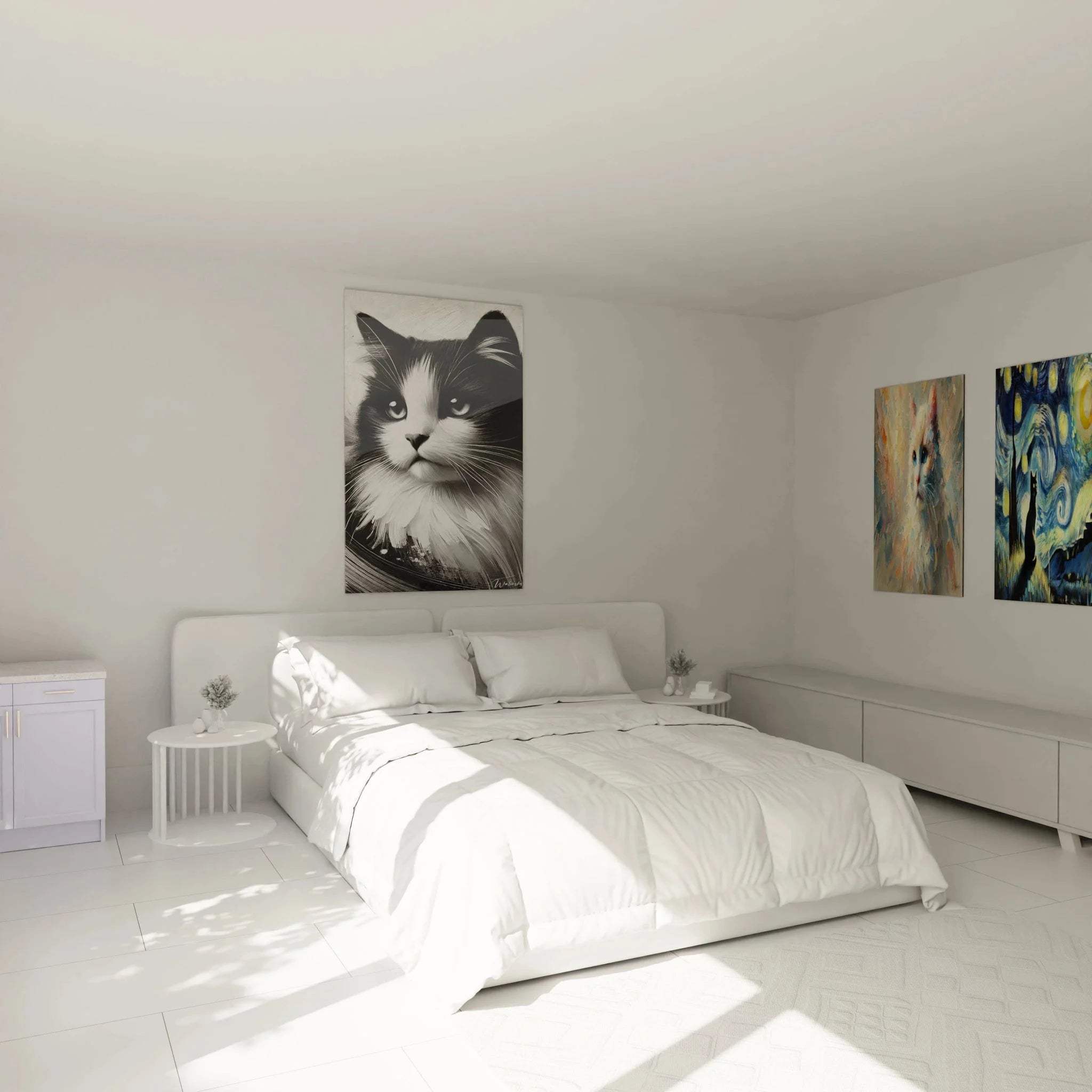 Schwarz-weiße Katzen Wanddeko im Schlafzimmer Ambiente - Tuxedo-Katze Wandbild XXL für elegante Raumgestaltung