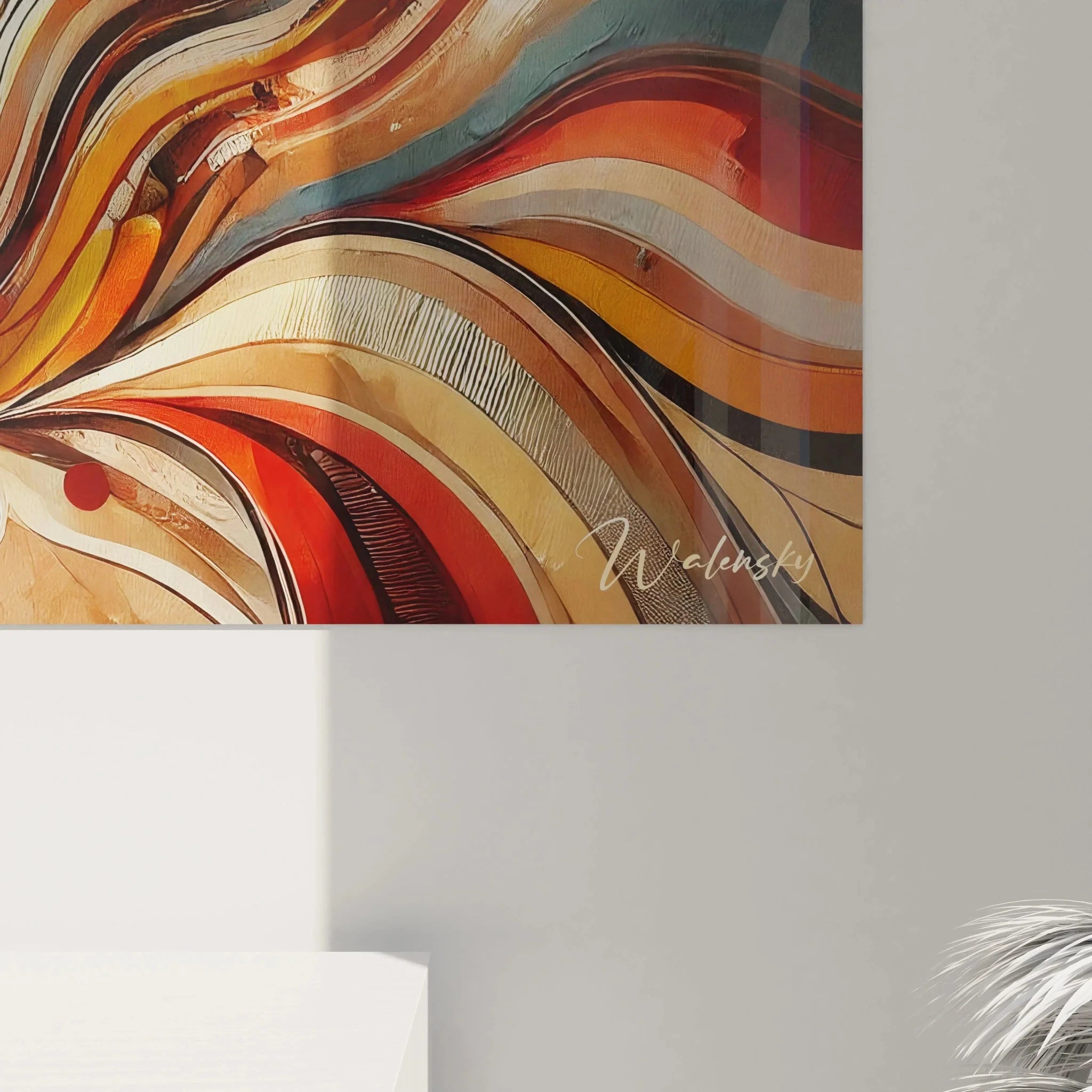 Gesamtansicht Wandbild abstrakte Afrika Kunst - dynamische Wellenformen in warmen Tönen