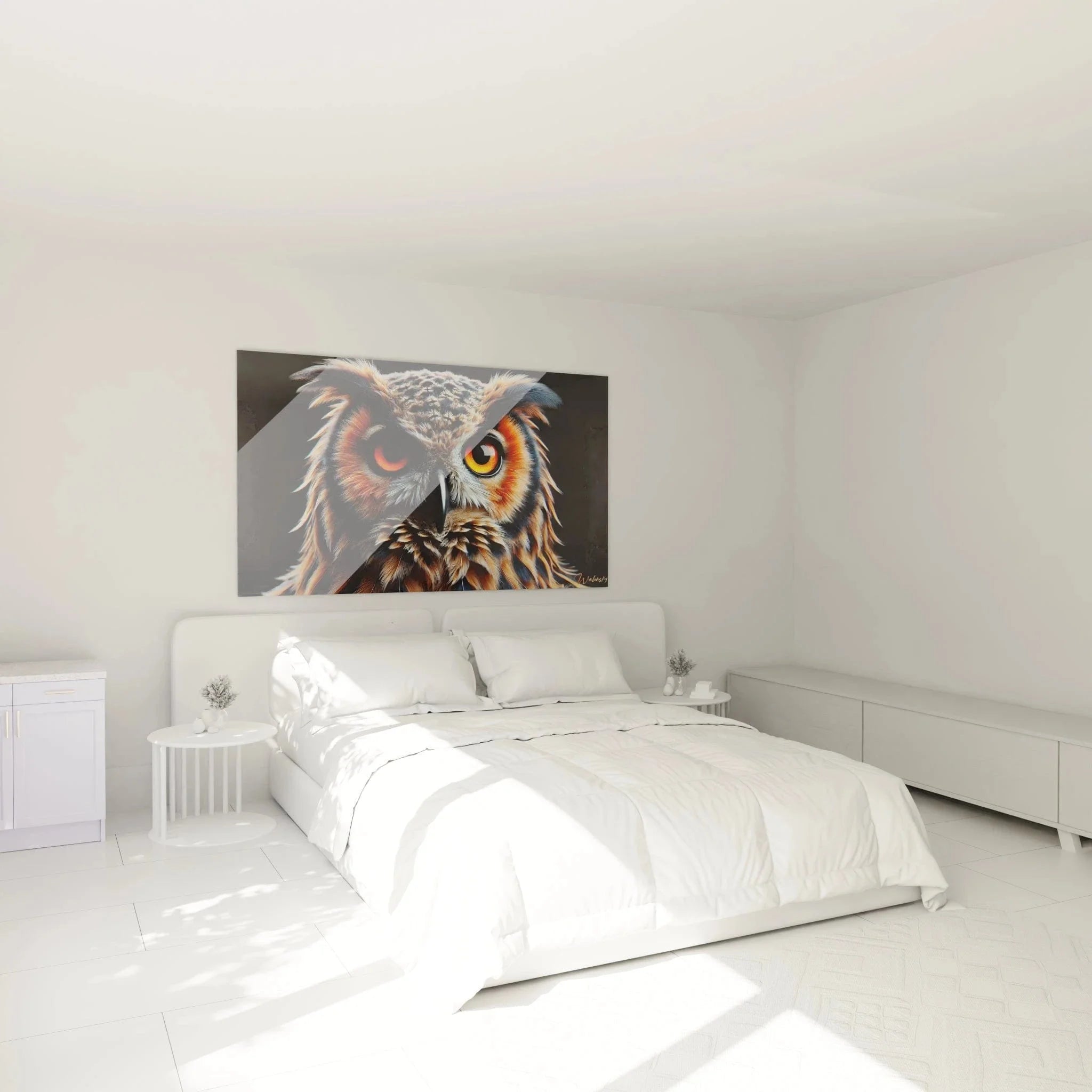 Uhu Wandbild XXL in elegantem Schlafzimmer Ambiente - Edle Eulen Wandkunst als Wohnraum Dekoration