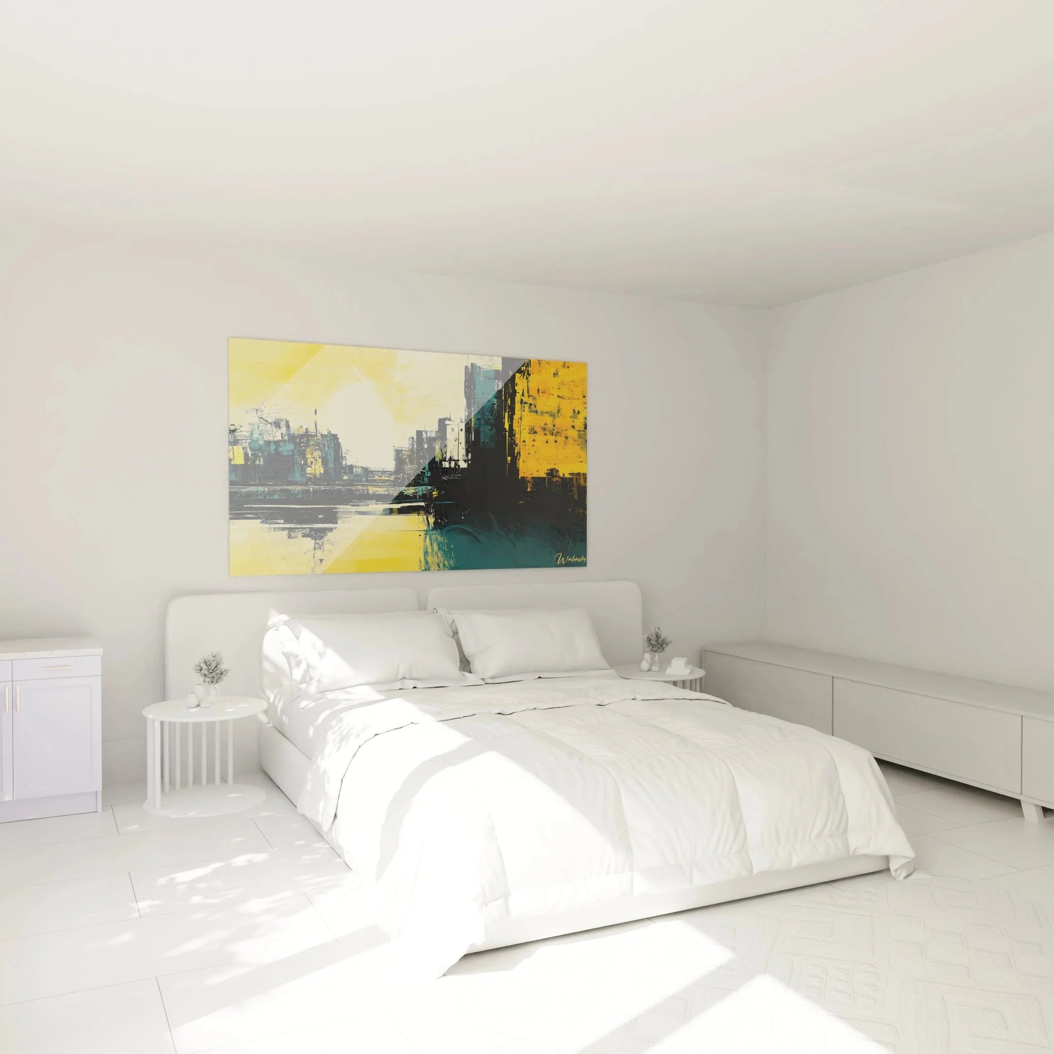 Urbane Wandkunst Stadtmotiv in modernem Schlafzimmer - Designer Wandbild XXL Stadtlandschaft