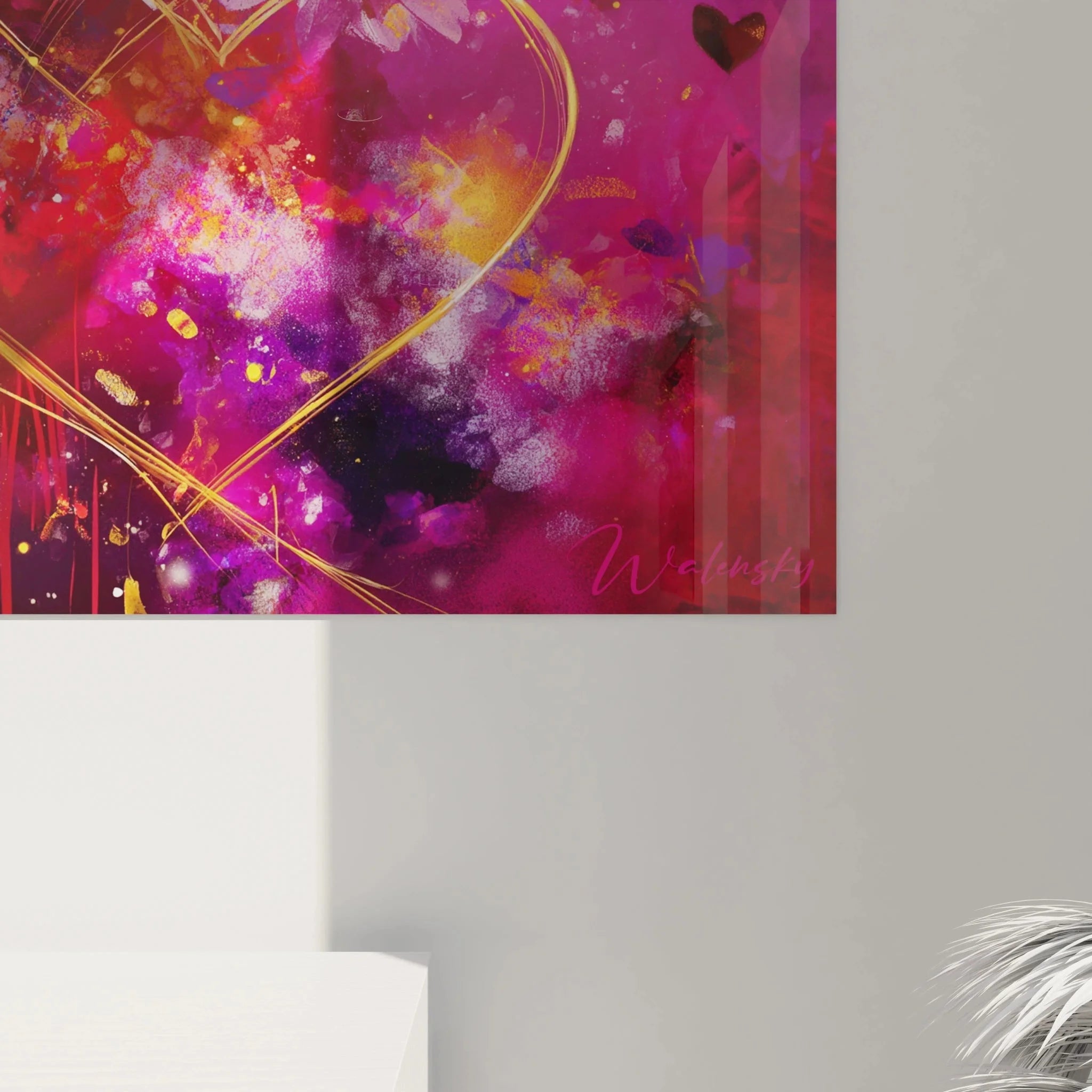 Gesamtansicht romantisches Valentinstag Wandbild mit drei Herzen und Blumen Galaxie Design
