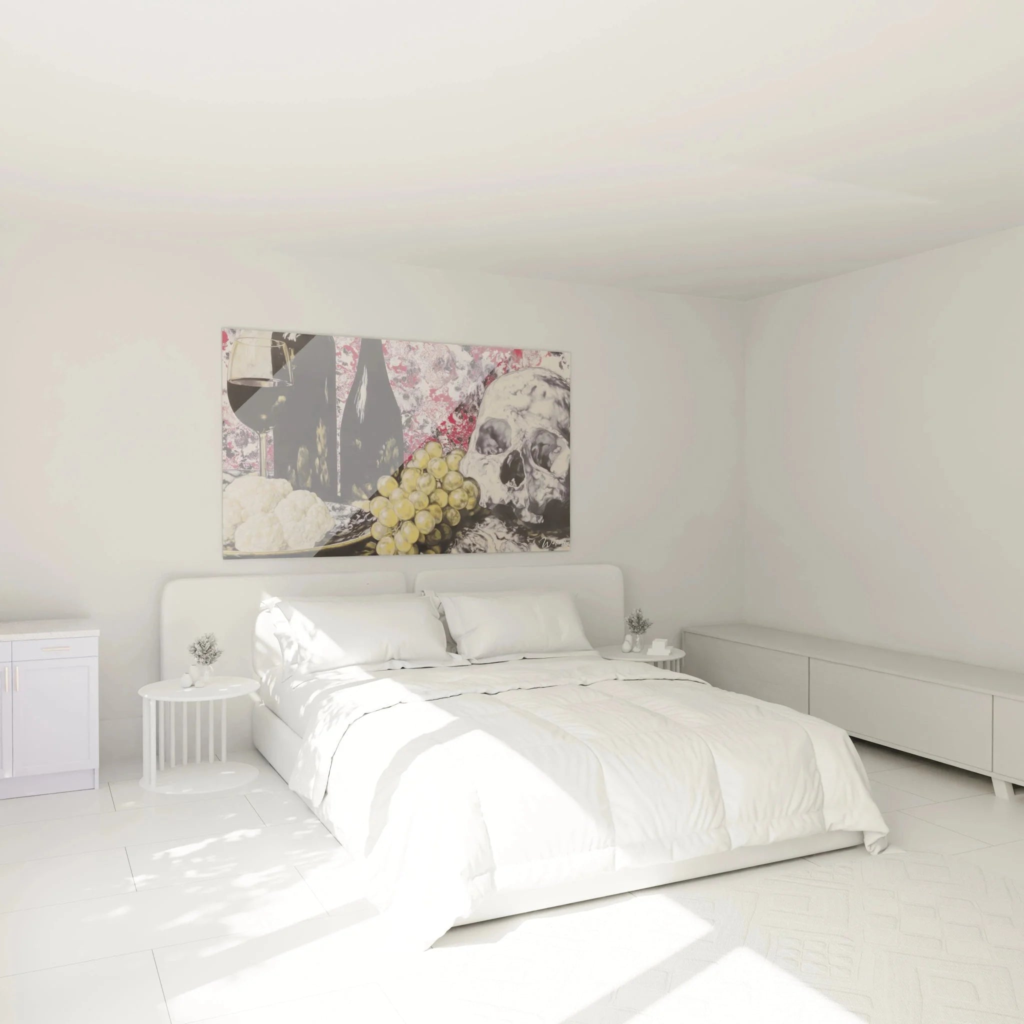 Vanitas Stillleben Wandbild mit Totenschädel in modernem Schlafzimmer über dem Bett hängend