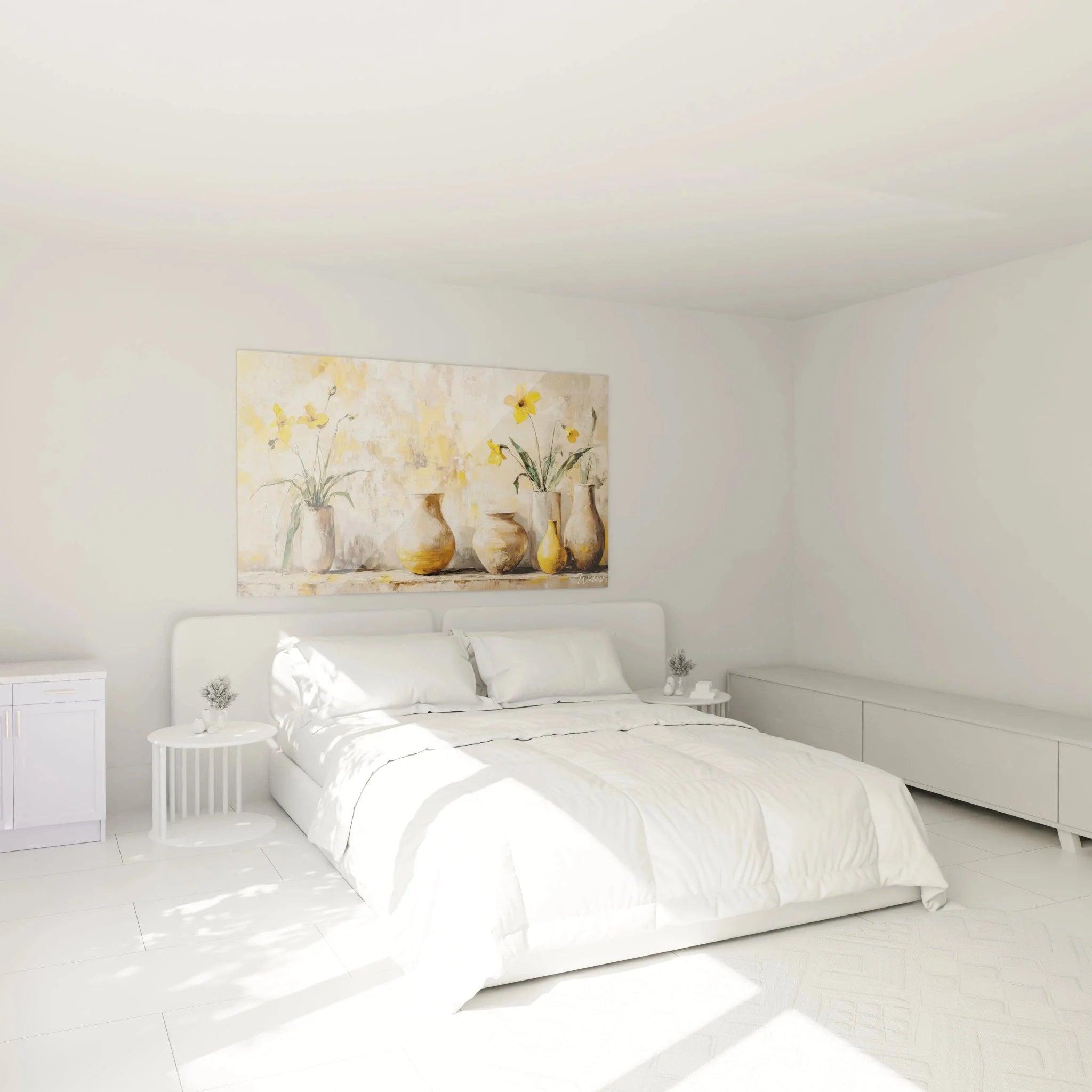 Elegantes Vasen Wandbild mit gelben Blüten als stilvolle Schlafzimmer Wanddekoration
