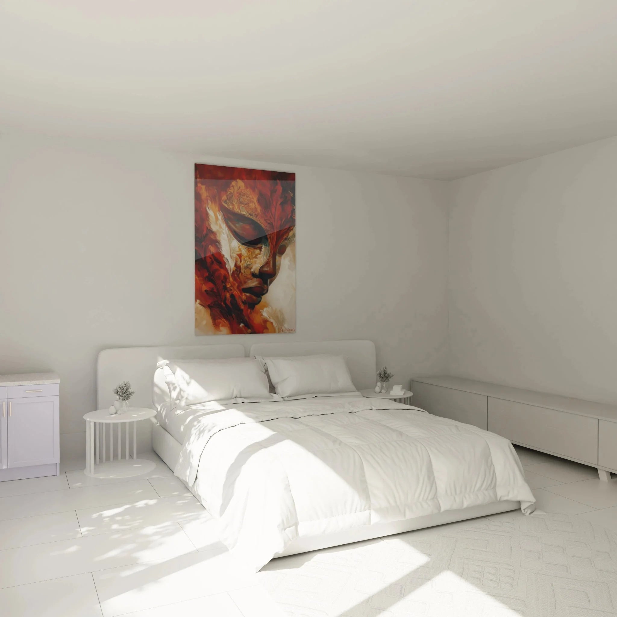Venezianische Maske Wandbild in Schlafzimmer Ambiente mit warmer Flammenoptik und eleganter Dekoration