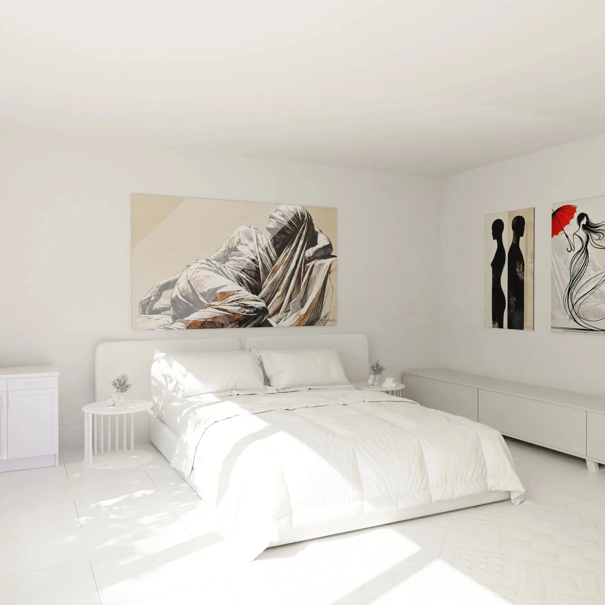 Verhüllte Figur Wandbild XXL als Schlafzimmer Dekoration, abstrakte Kunst in warmen Erdtönen