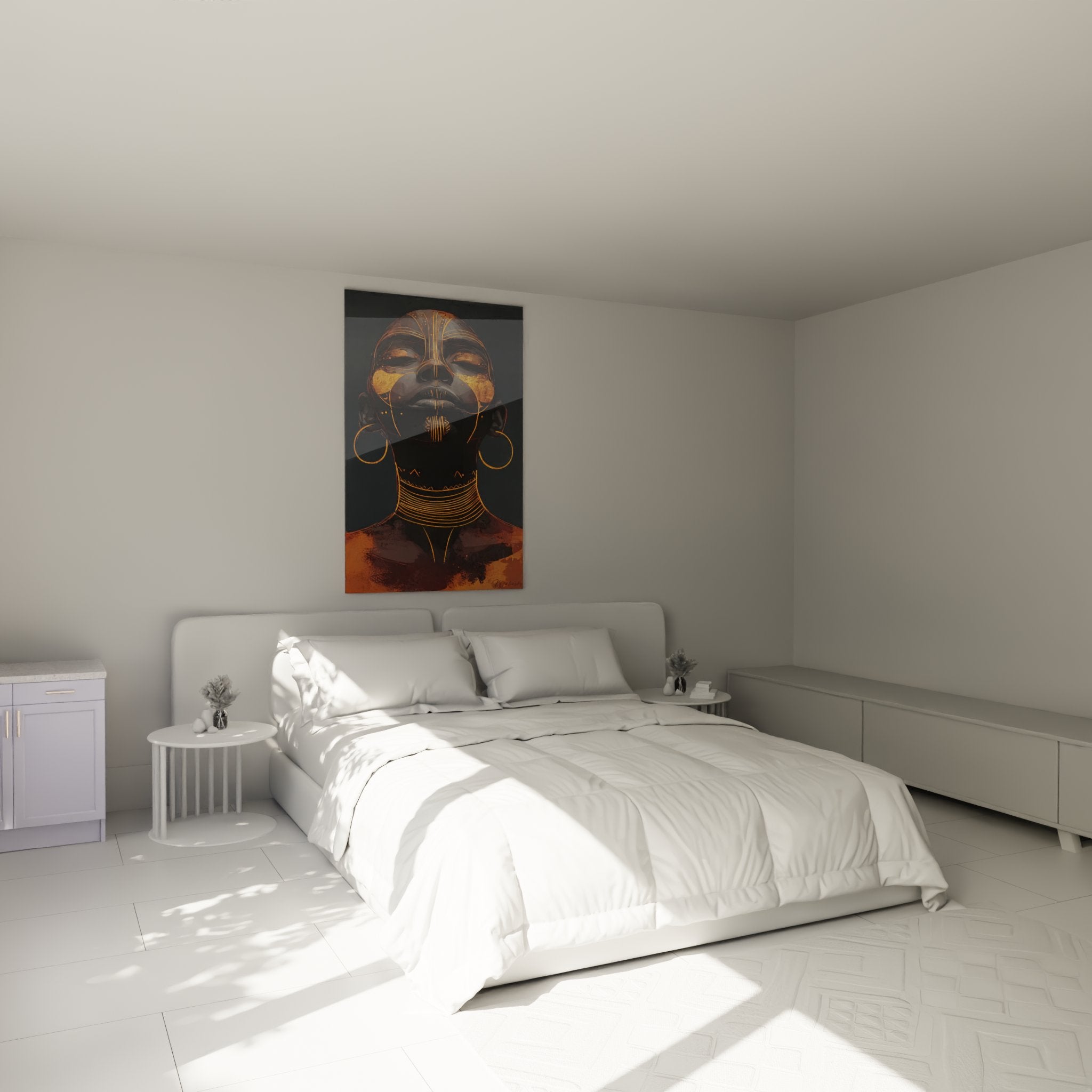 Afrikanisches Wandbild mit goldenen Akzenten als Schlafzimmer-Dekoration in modernem Ambiente