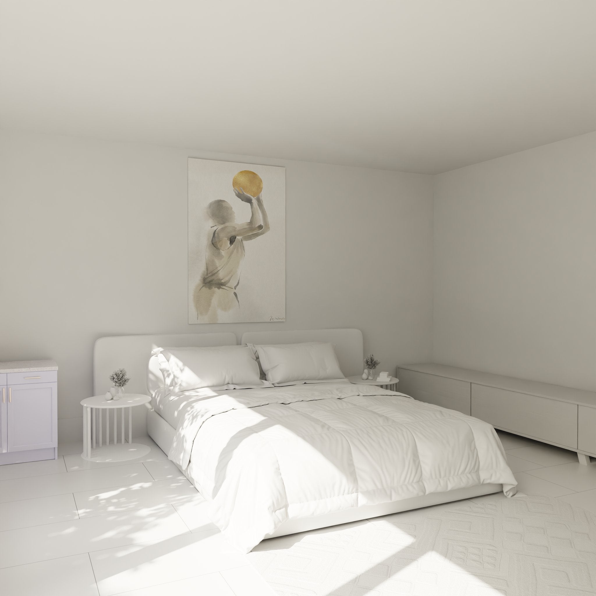 Basketball Wandkunst im Schlafzimmer, elegante Sportdekoration mit goldenem Ball in Aquarell-Stil