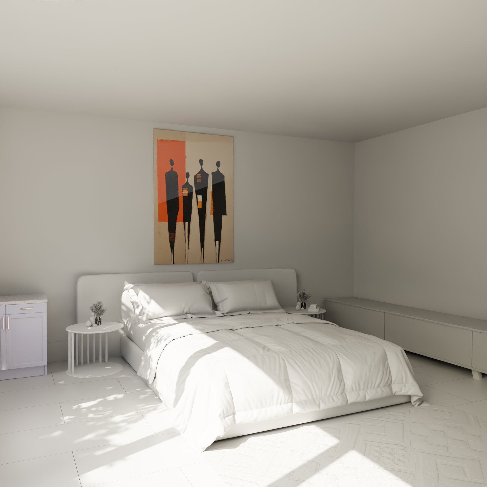Afrikanisches Wandbild mit schwarzen Silhouetten im modernen Schlafzimmer über dem Bett platziert