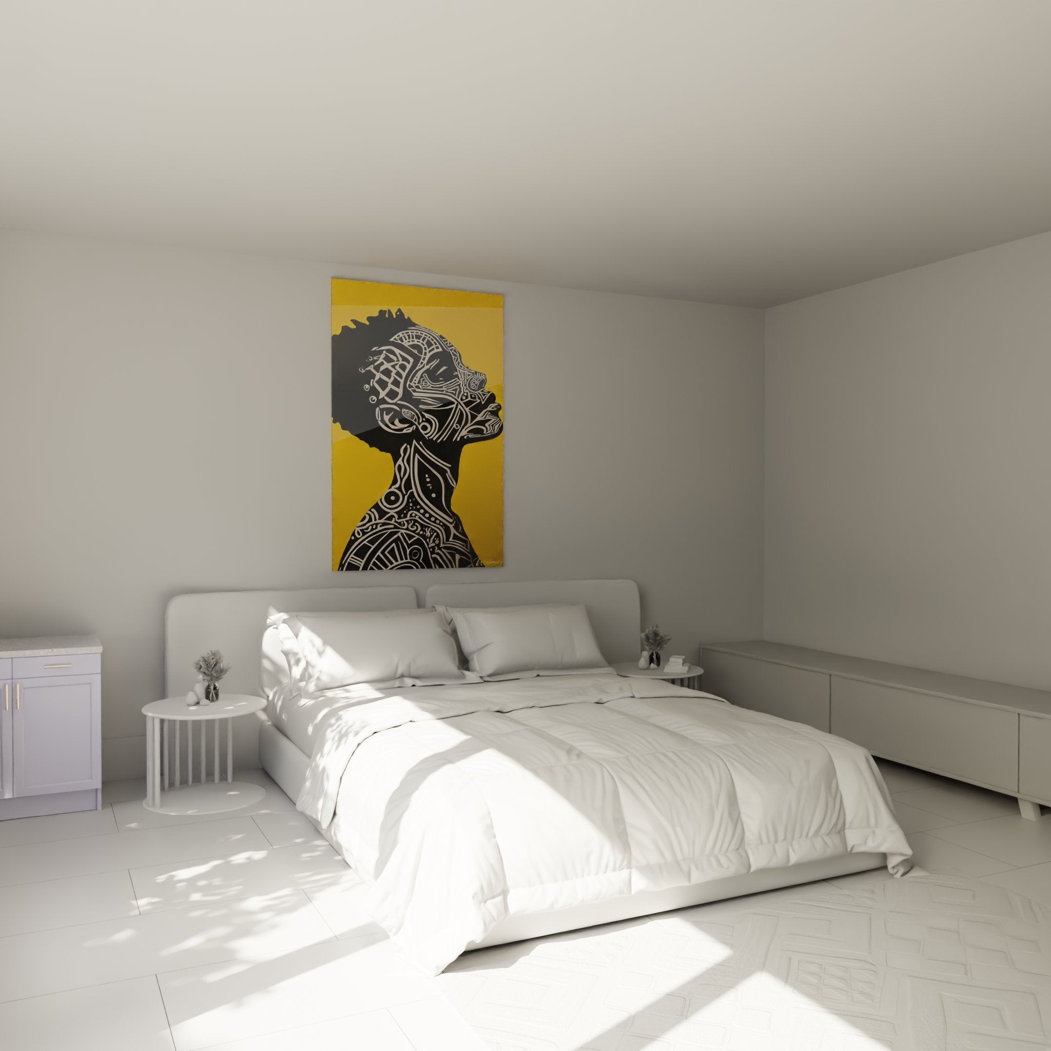 Afrikanisches Wandbild mit Frauenprofil als elegante Schlafzimmer-Dekoration an der Wand