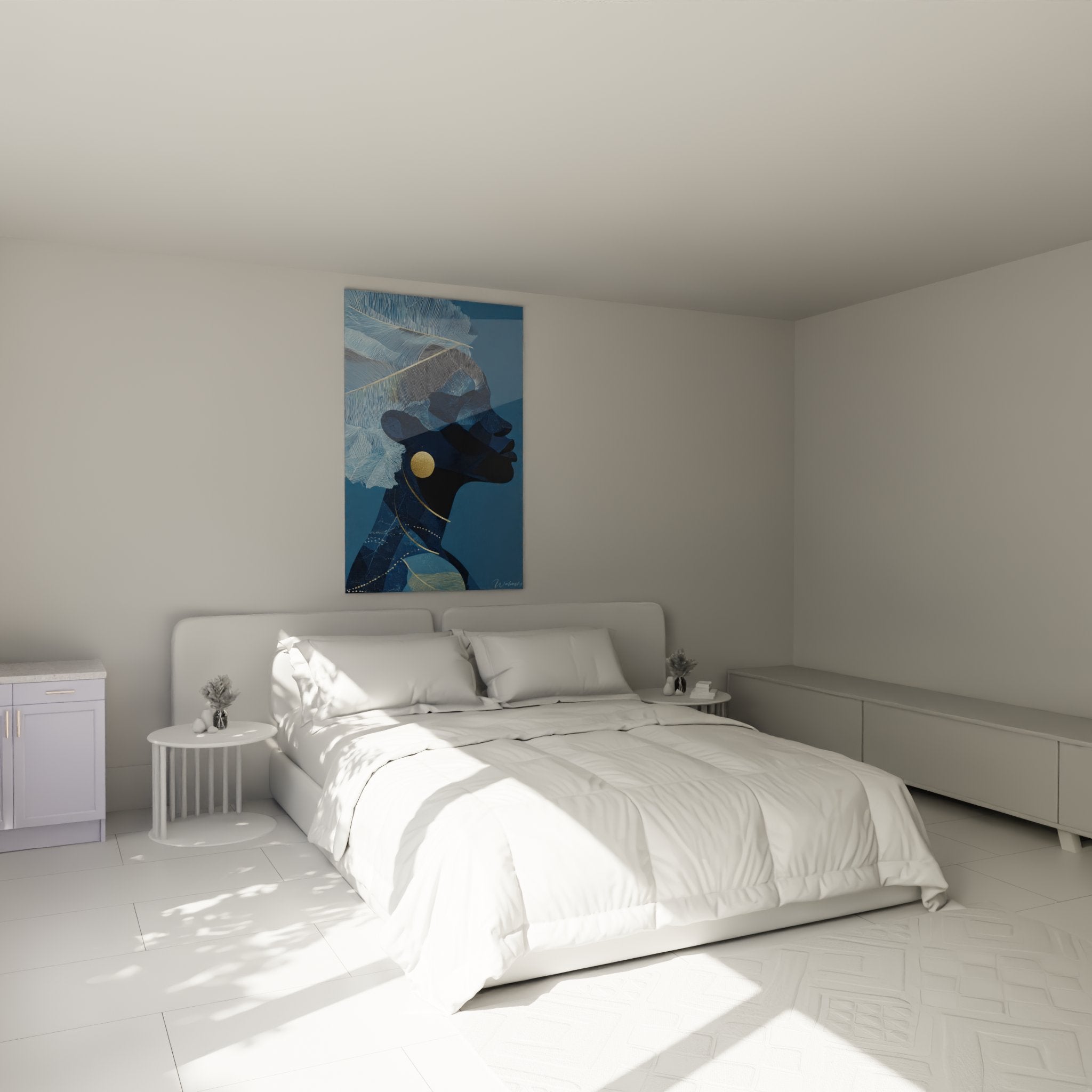 Schlafzimmer Wanddeko afrikanische Frau blau gold Federn elegante Raumgestaltung