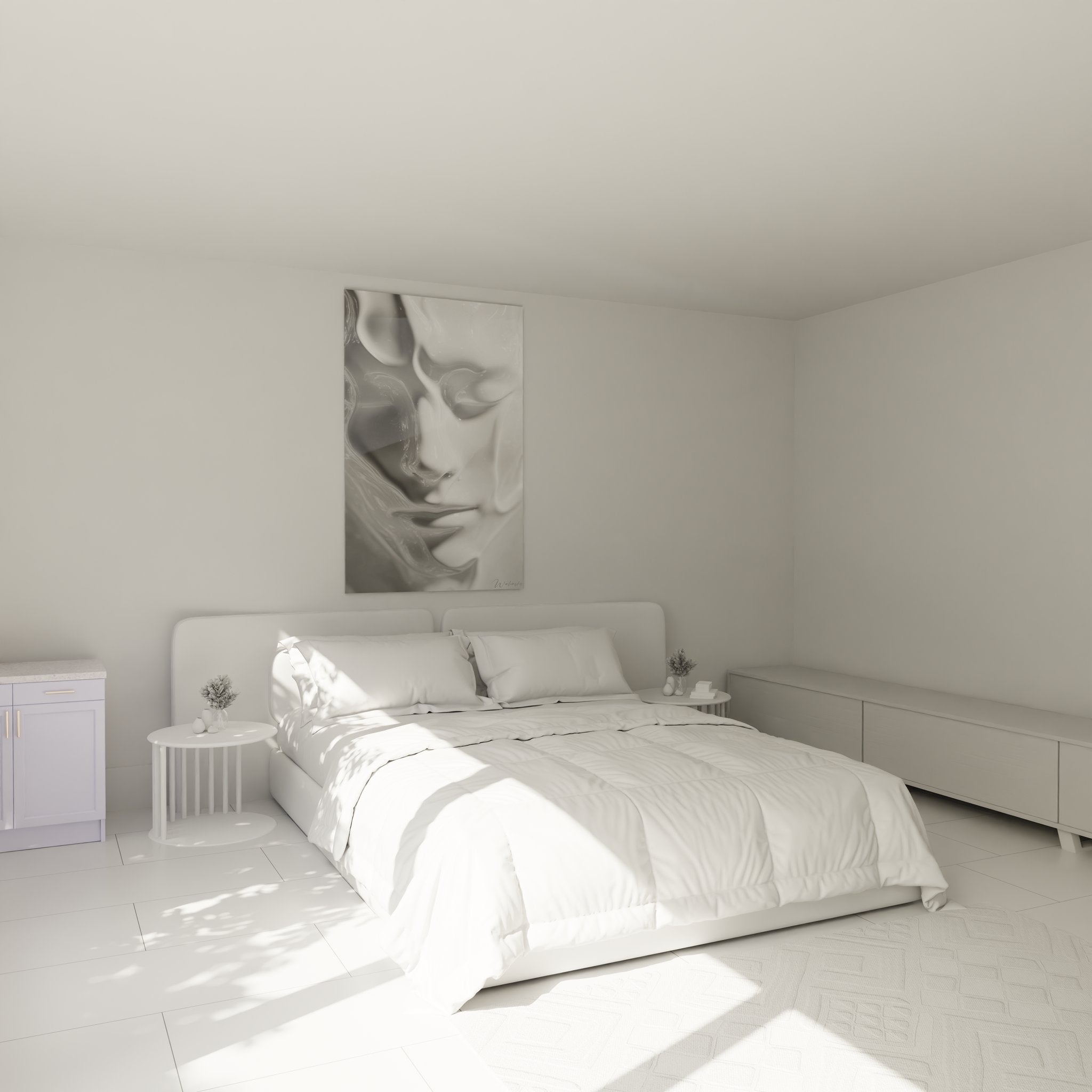 Romantisches Wandbild Sinnliche Zweisamkeit im Schlafzimmer-Ambiente mit eleganter schwarz-weißer Gestaltung