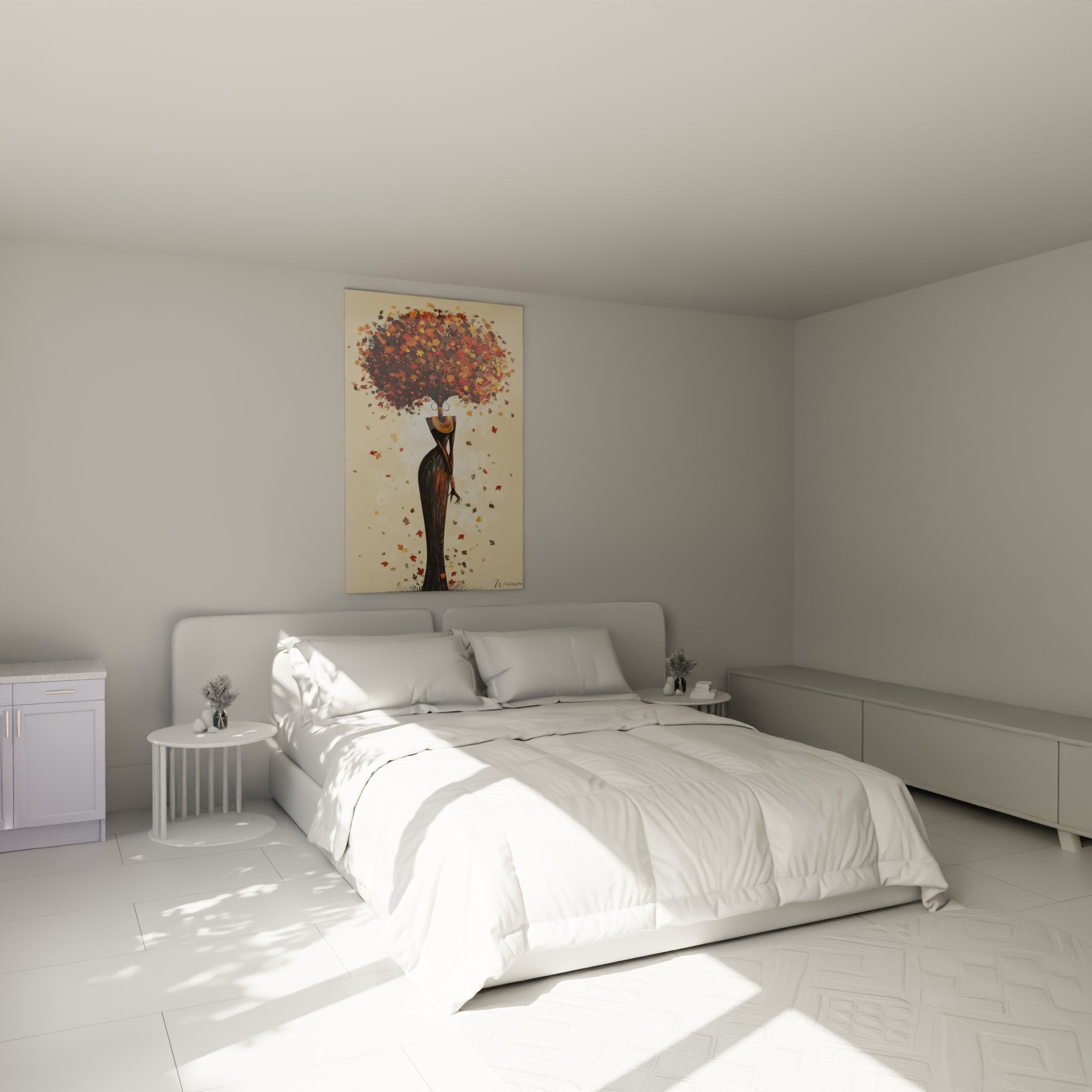 Schlafzimmer Dekoration mit Wandbild afrikanische Frau und Herbstlaub-Motiv in warmen Tönen