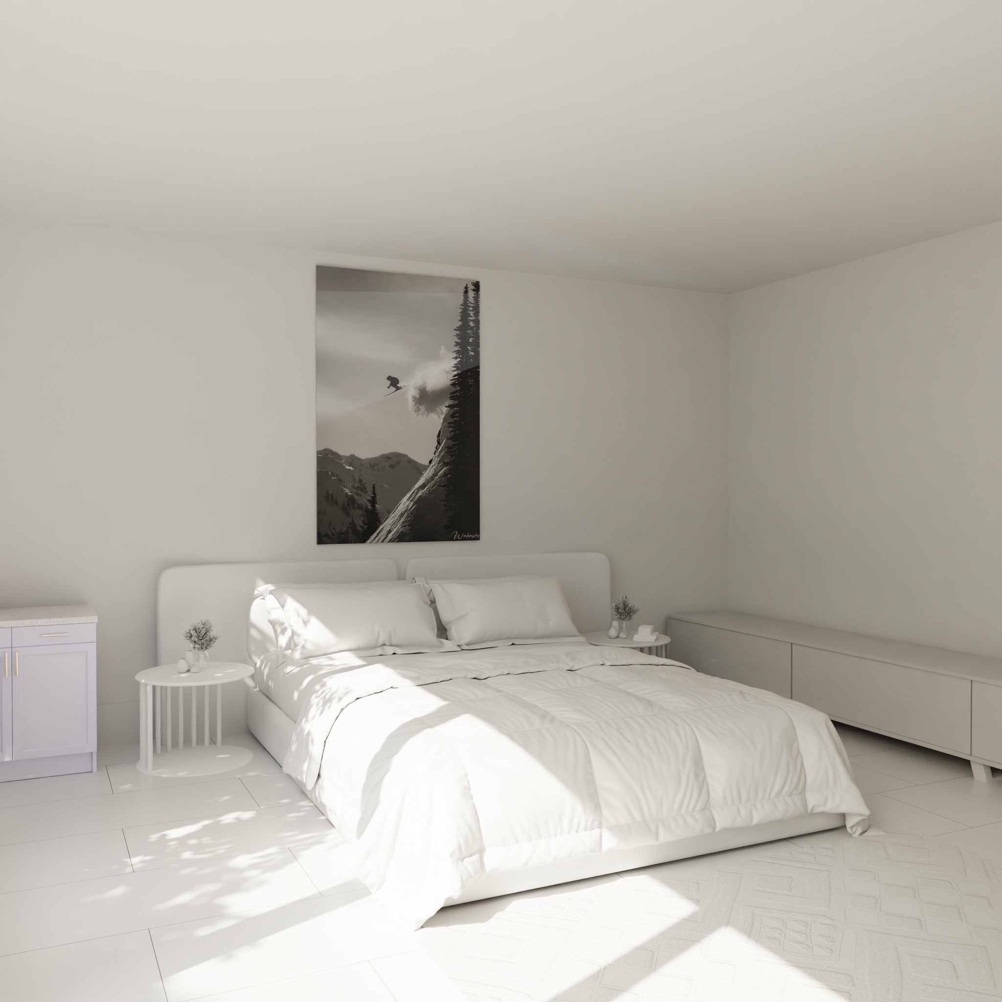Skifahrer Pulverschnee Wandbild in modernem Schlafzimmer, schwarz-weiße Sportfotografie