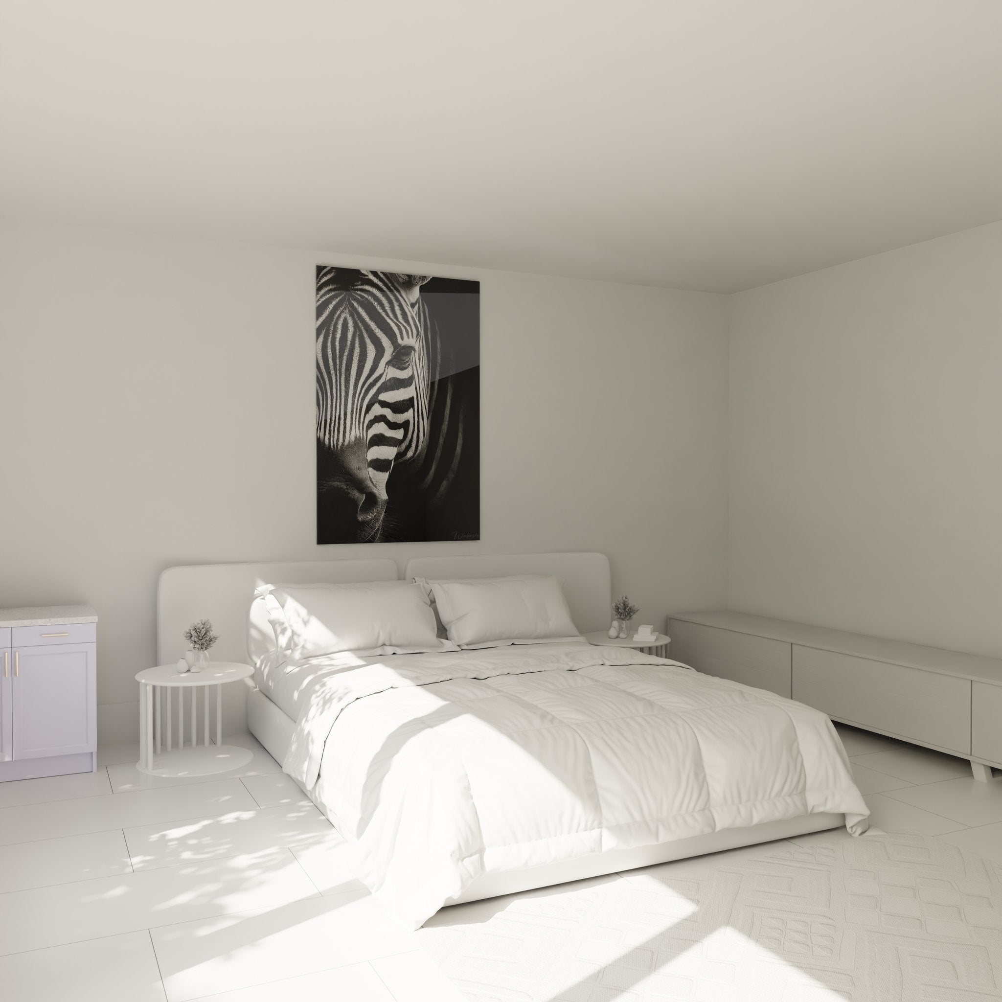 Zebra Wandbild in schwarz-weiß als elegante Wanddekoration im modernen Schlafzimmer
