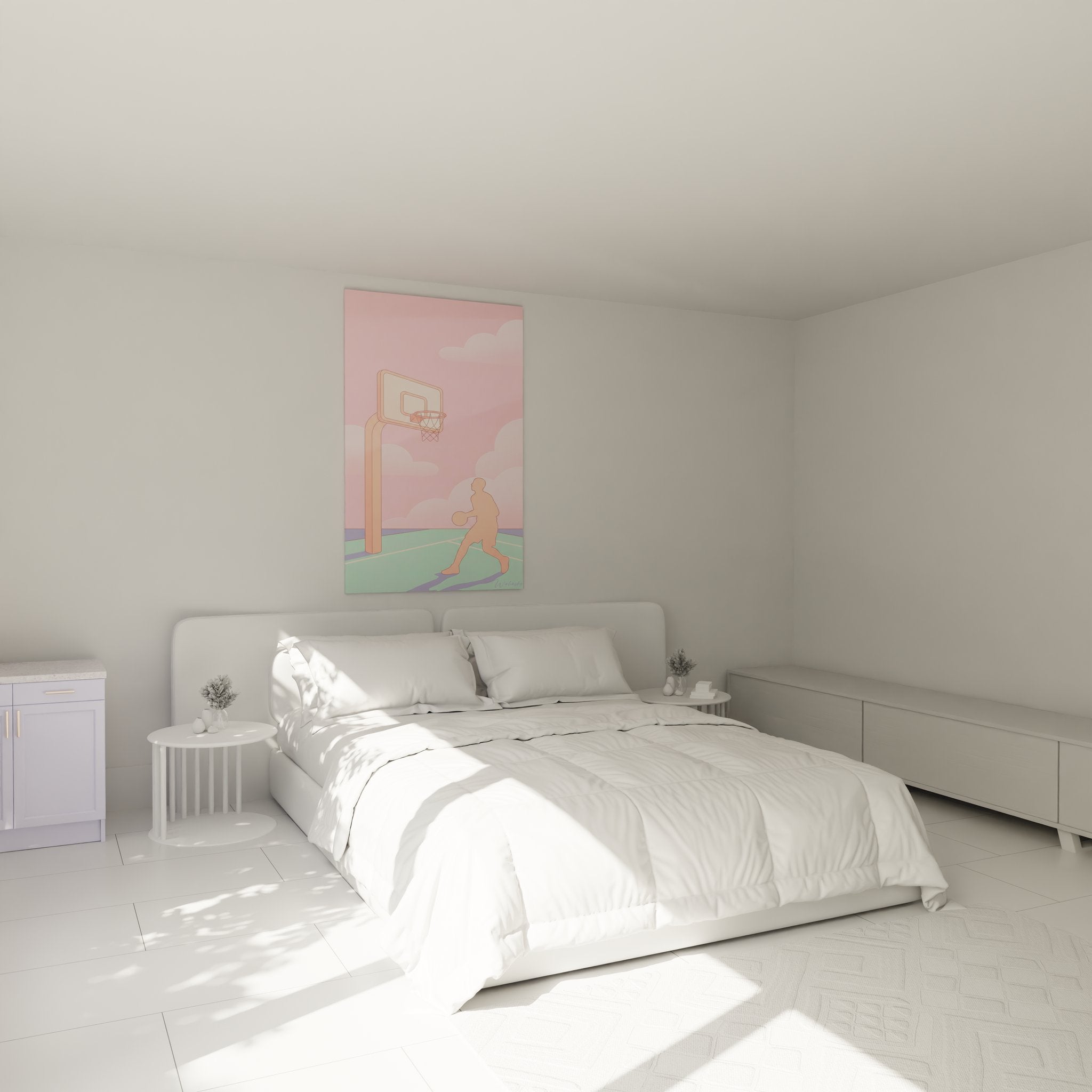 Basketball Poster in rosa Tönen als moderne Wanddekoration im Schlafzimmer