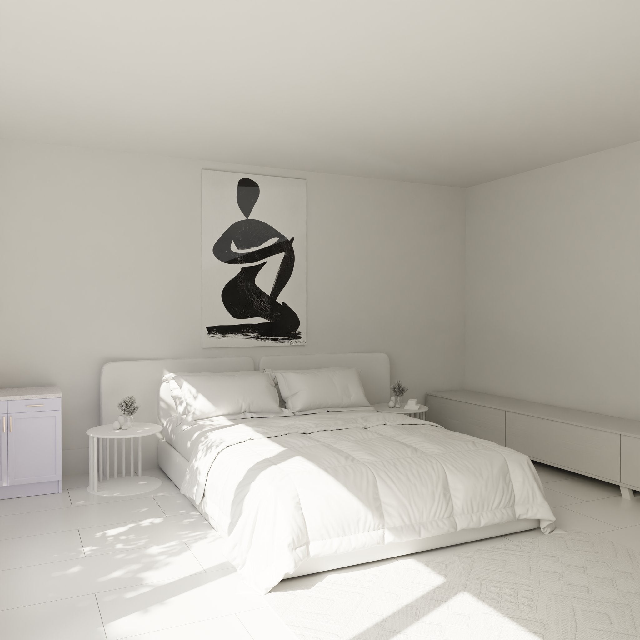 Schlafzimmer Ambiente mit abstraktem Tänzerin Wandbild in schwarz-weiß über dem Bett