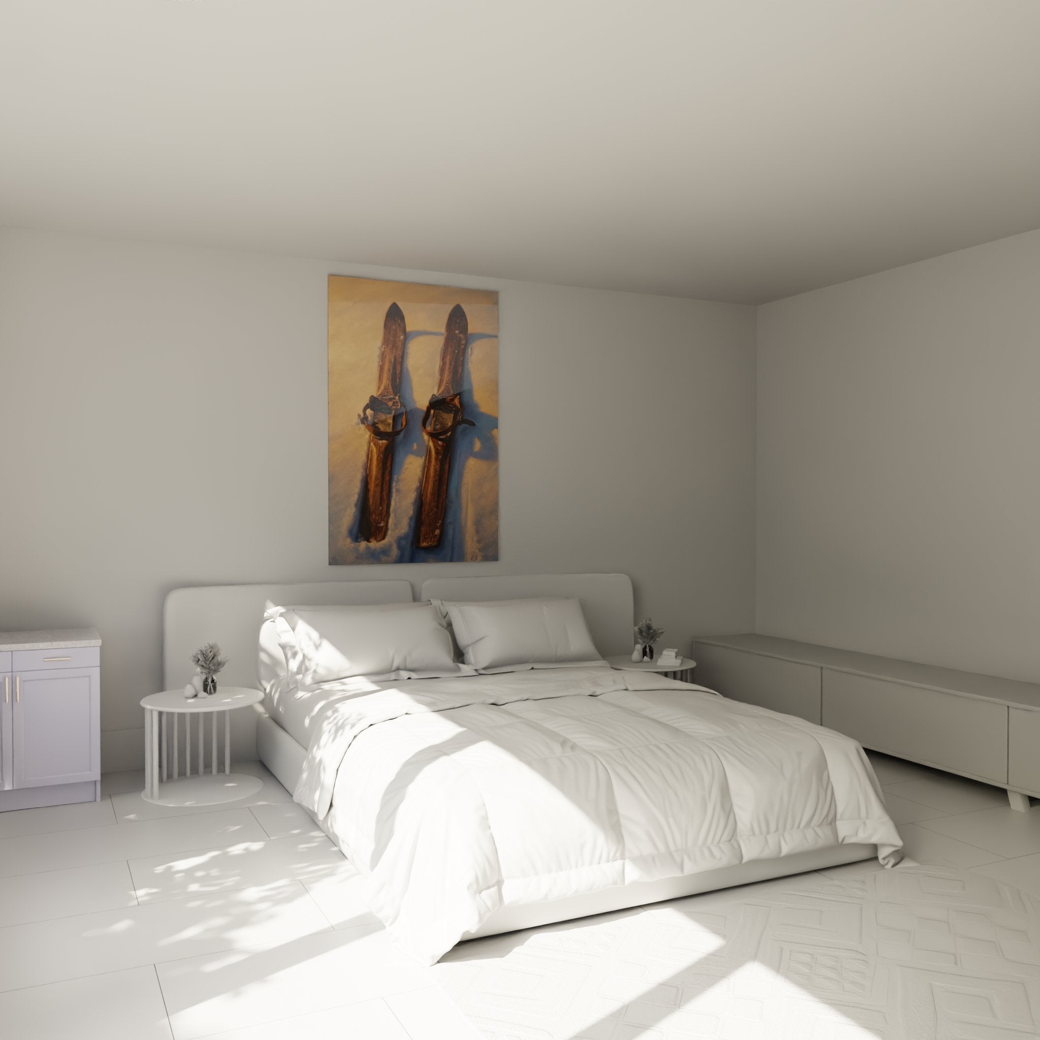 Schlafzimmer mit Vintage Holzski Wandbild für gemütliche alpine Atmosphäre