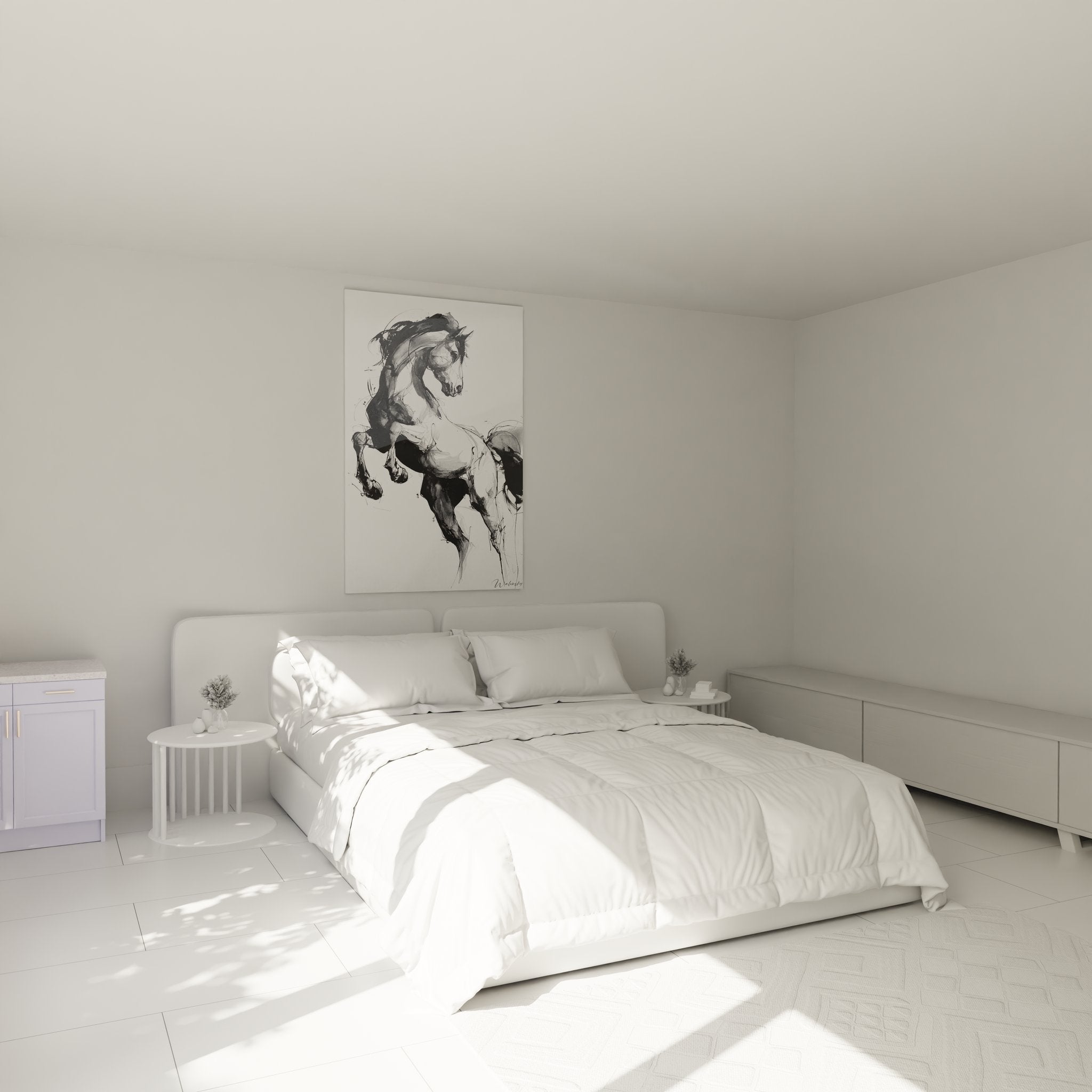 Steigendes Pferd Wandbild in schwarz-weiß als elegante Schlafzimmer-Dekoration an weißer Wand
