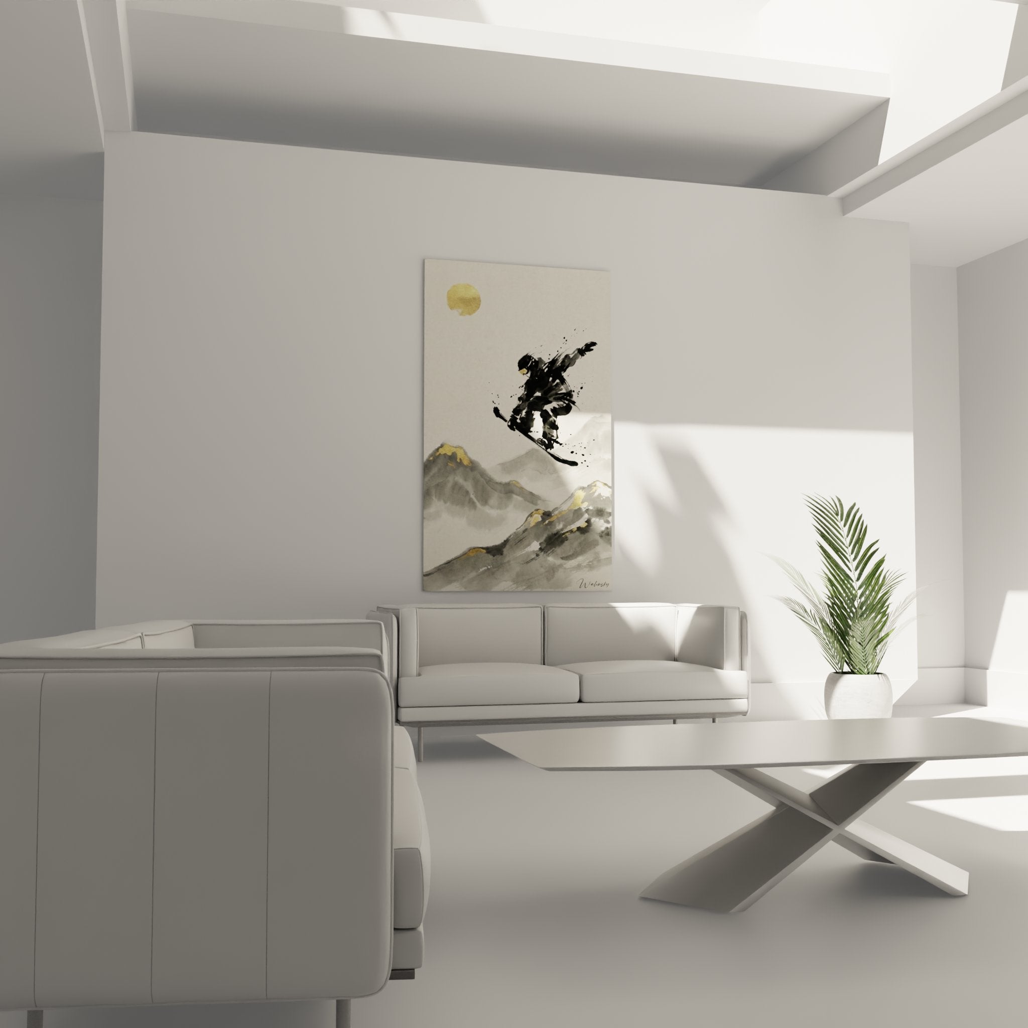 Nahaufnahme des Snowboarder Wandbildes zeigt Details der Pinselstriche und Goldakzente auf Bergen